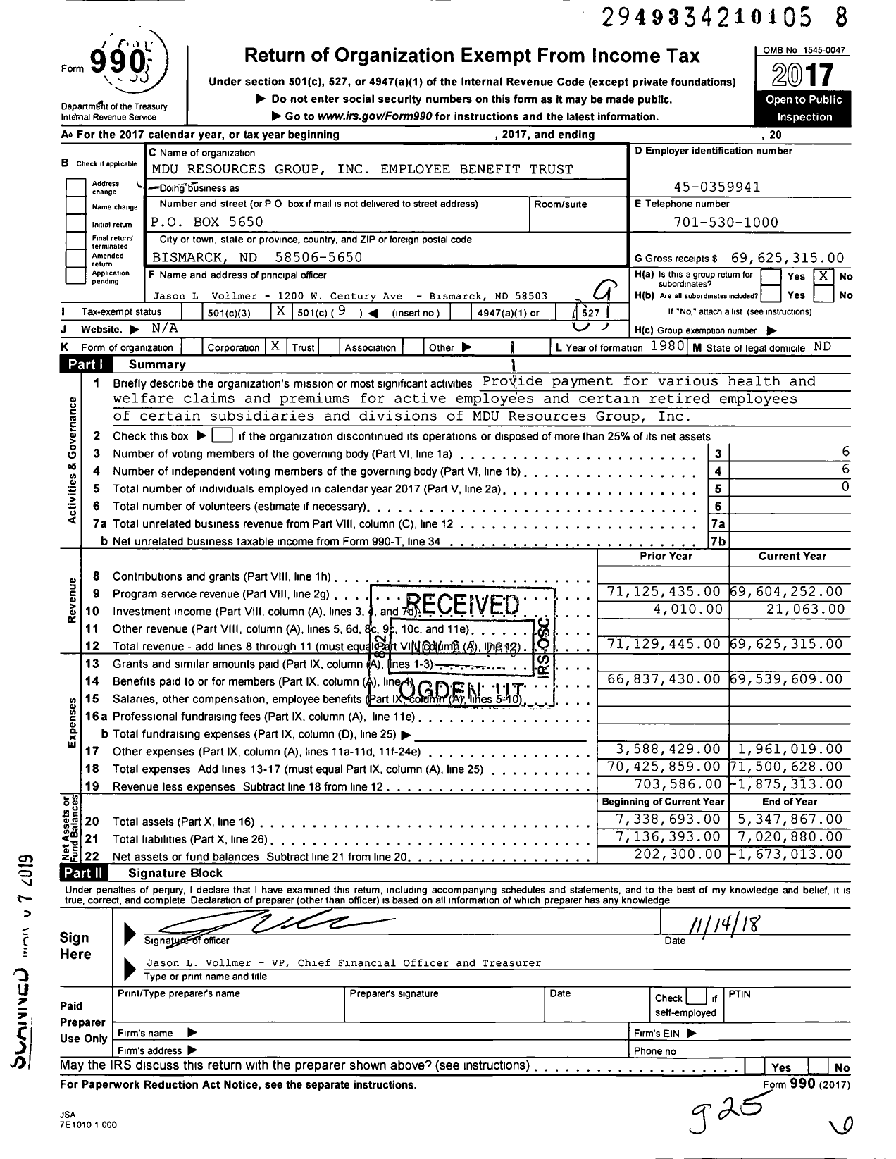 Image of first page of 2017 Form 990O for Mdu Resources Group Employee Benefit Trust