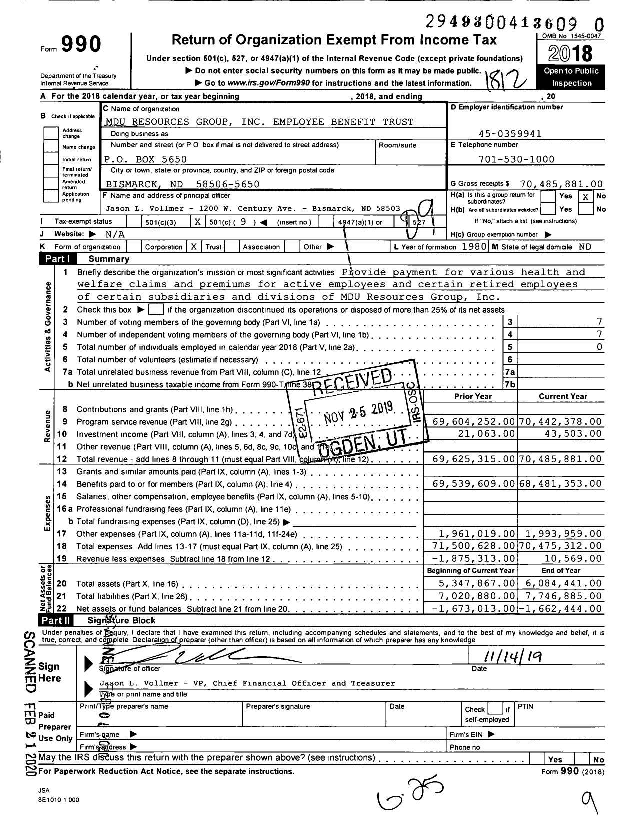 Image of first page of 2018 Form 990O for Mdu Resources Group Employee Benefit Trust