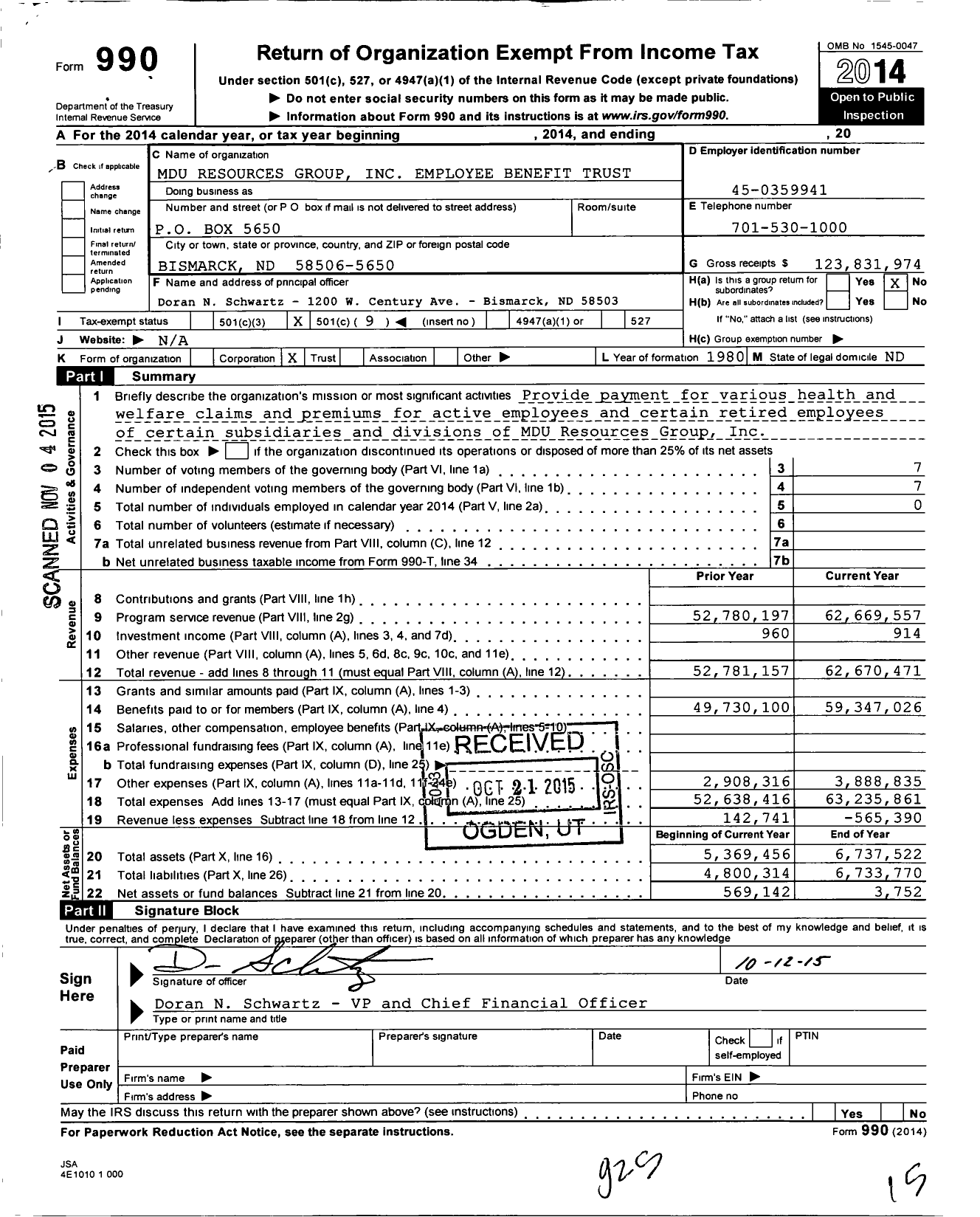 Image of first page of 2014 Form 990O for Mdu Resources Group Employee Benefit Trust