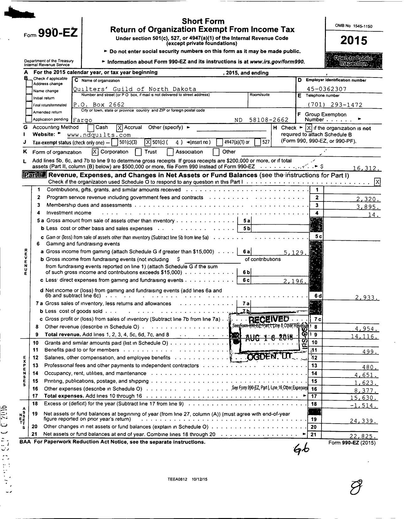 Image of first page of 2015 Form 990EO for Quilters Guild of North Dakota