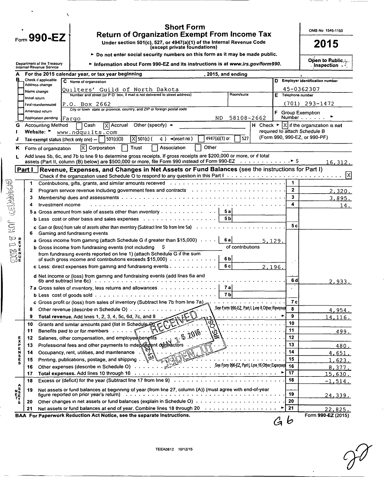 Image of first page of 2015 Form 990EO for Quilters Guild of North Dakota