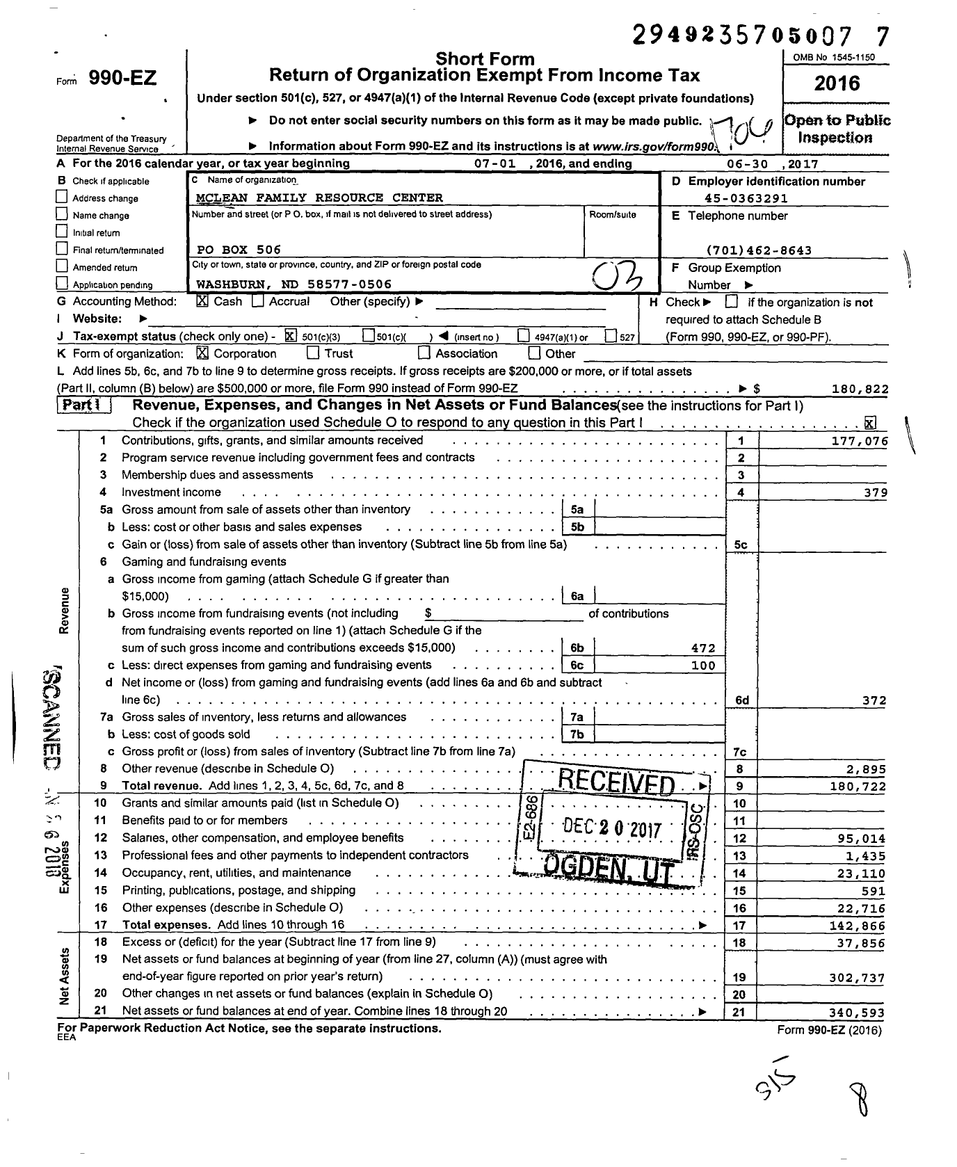 Image of first page of 2016 Form 990EZ for Mclean Family Resource Center