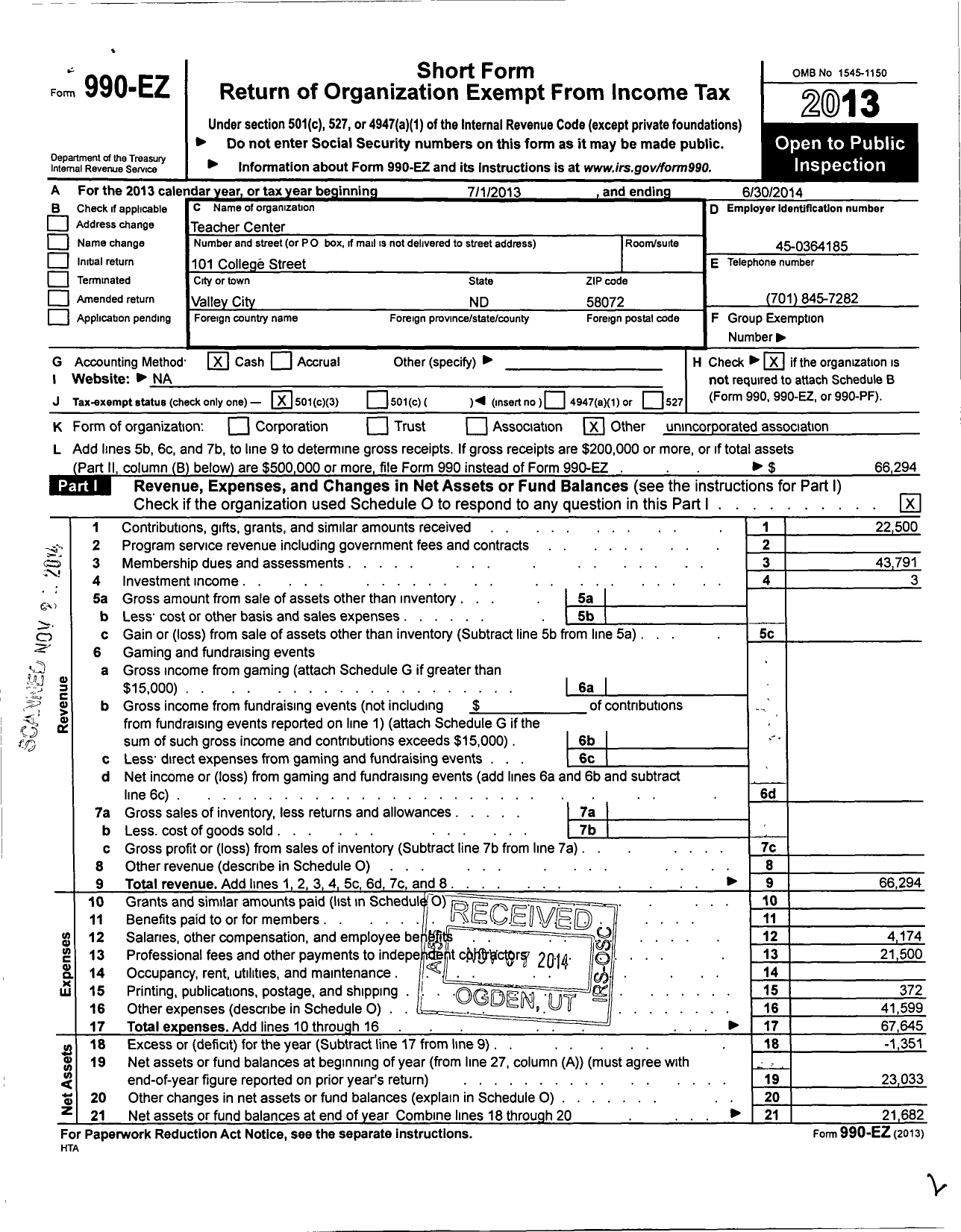 Image of first page of 2013 Form 990EZ for Teacher Center