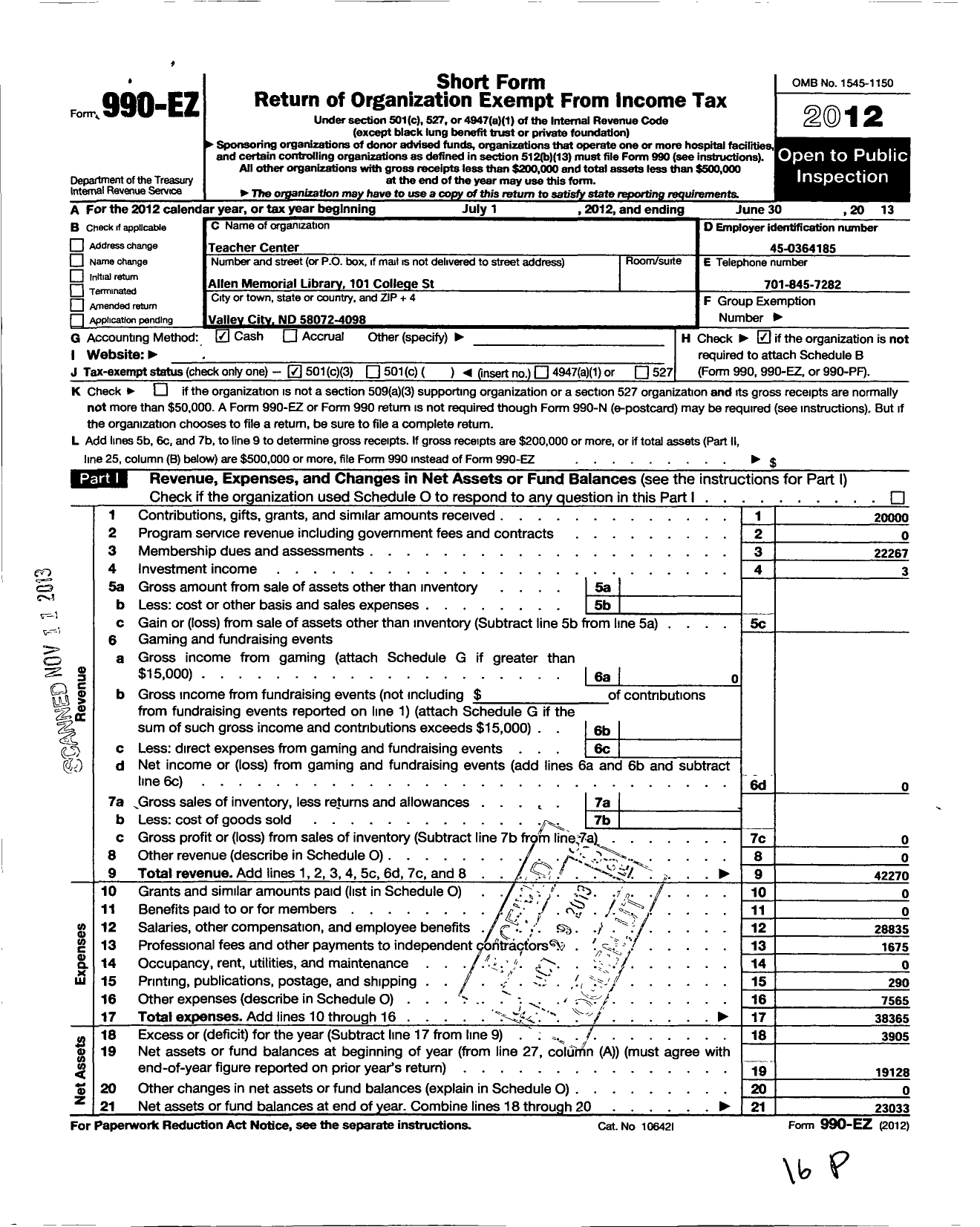 Image of first page of 2012 Form 990EZ for Teacher Center