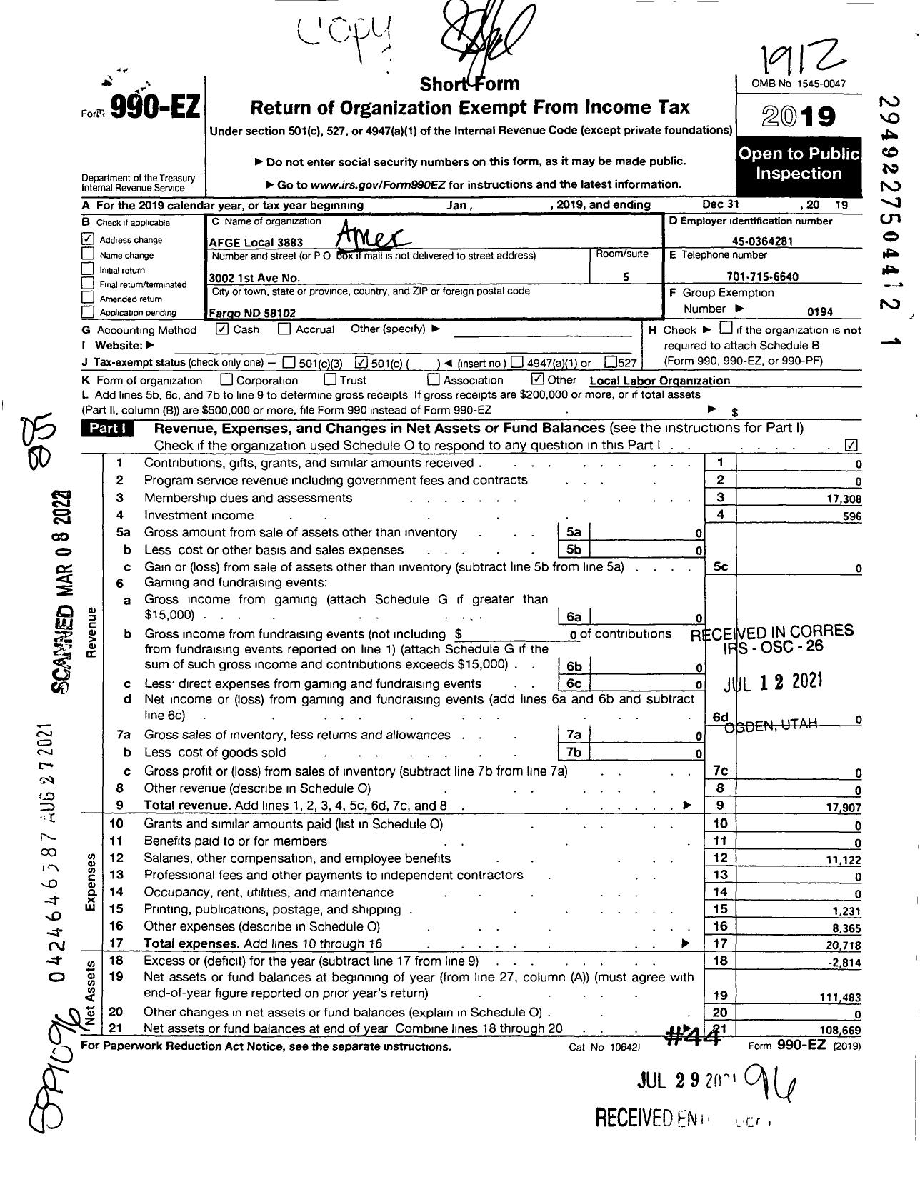 Image of first page of 2019 Form 990EO for American Federation of Government Employees - 3884 Afge Local