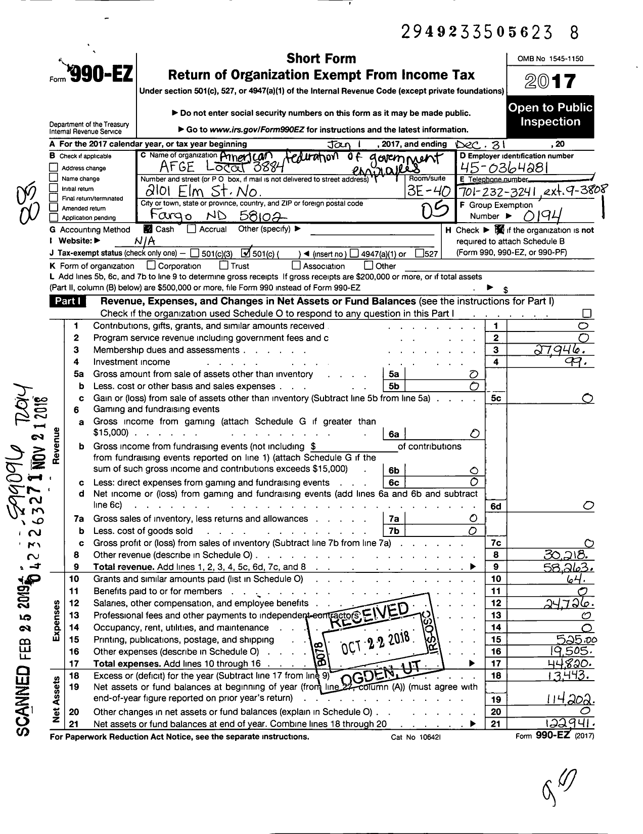 Image of first page of 2017 Form 990EO for American Federation of Government Employees - 3884 Afge Local