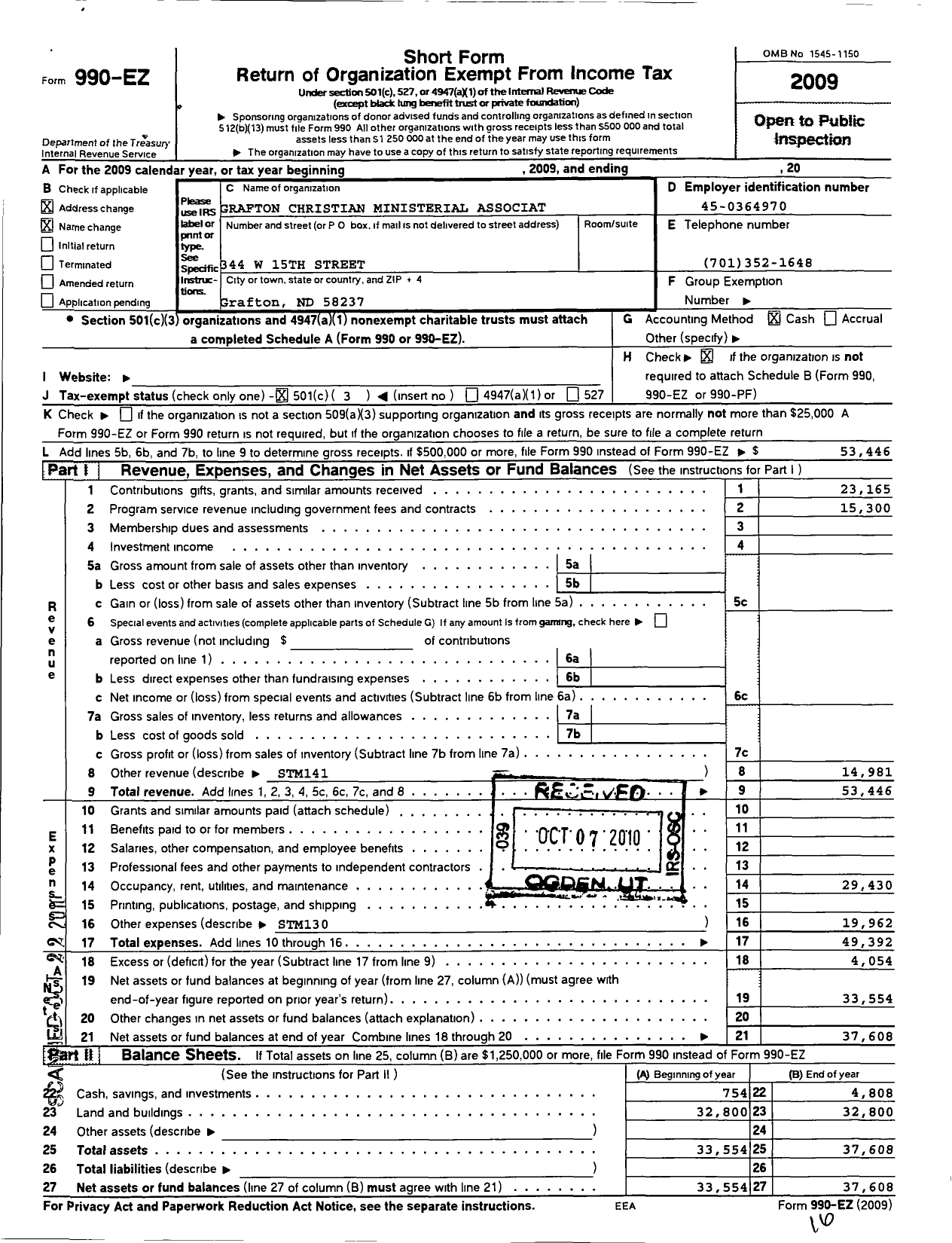 Image of first page of 2009 Form 990EZ for Grafton Christian Ministerial Association