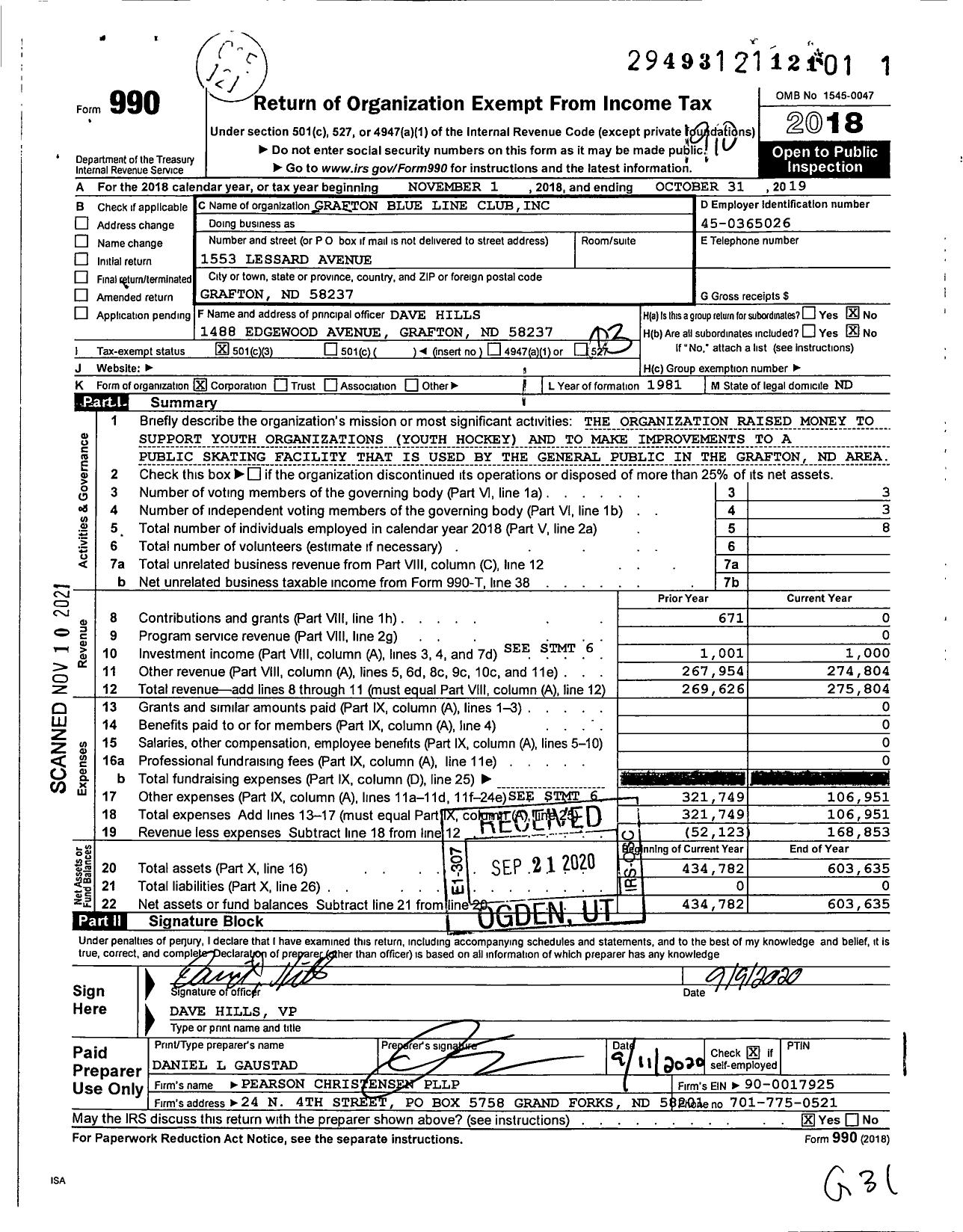 Image of first page of 2018 Form 990 for Grafton Blue Line Club