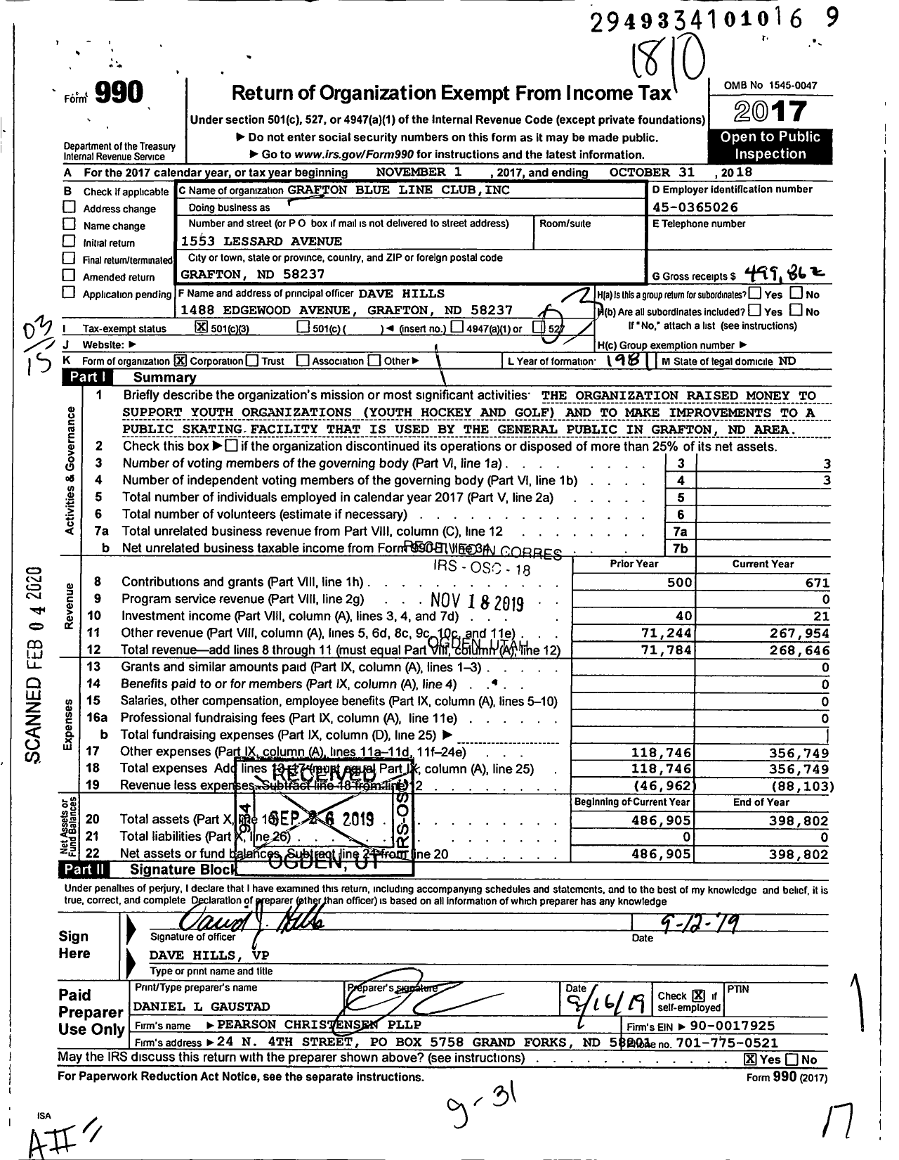 Image of first page of 2017 Form 990 for Grafton Blue Line Club