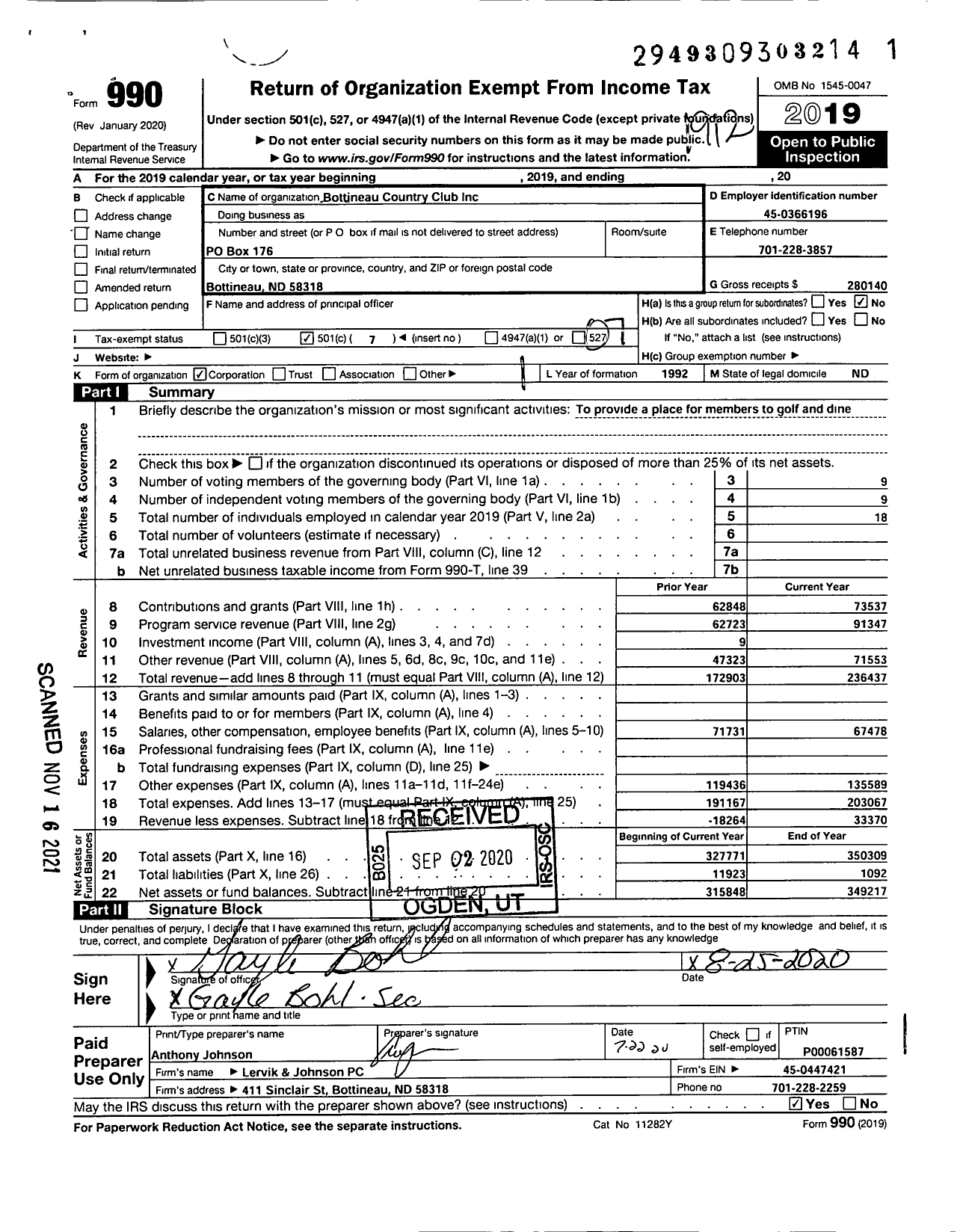 Image of first page of 2019 Form 990O for Bottineau Country Club