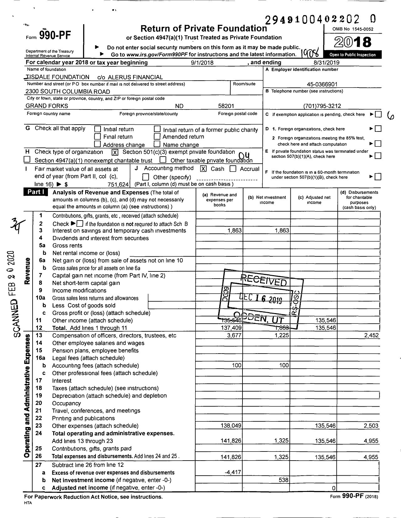 Image of first page of 2018 Form 990EZ for Tisdale Foundation 1020012501