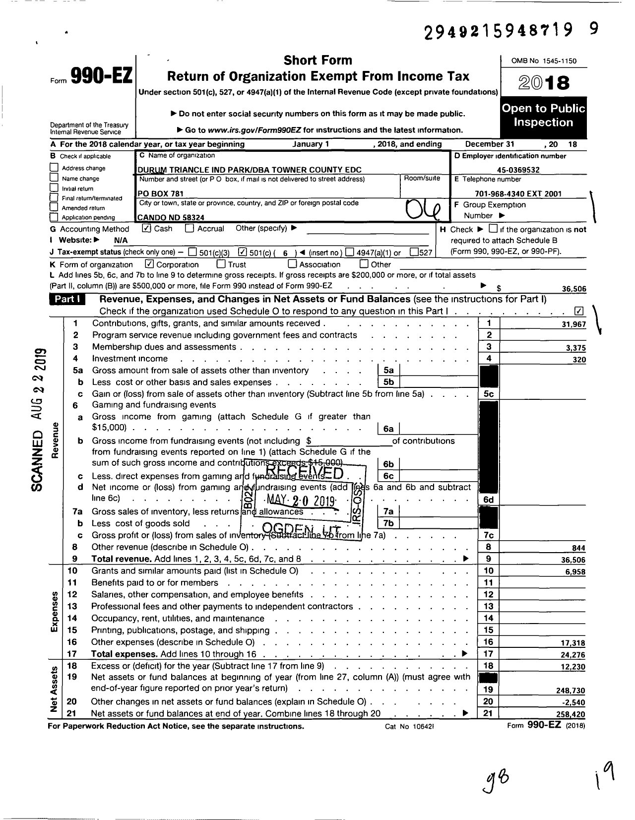 Image of first page of 2018 Form 990EO for Durum Triangle Industrial Park Corporation