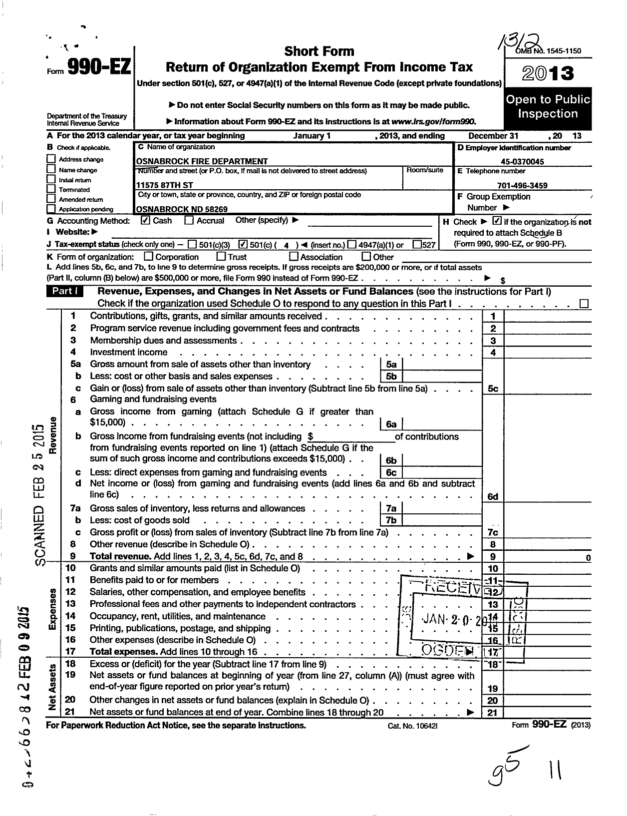 Image of first page of 2013 Form 990EO for Osnabrock Fire Department