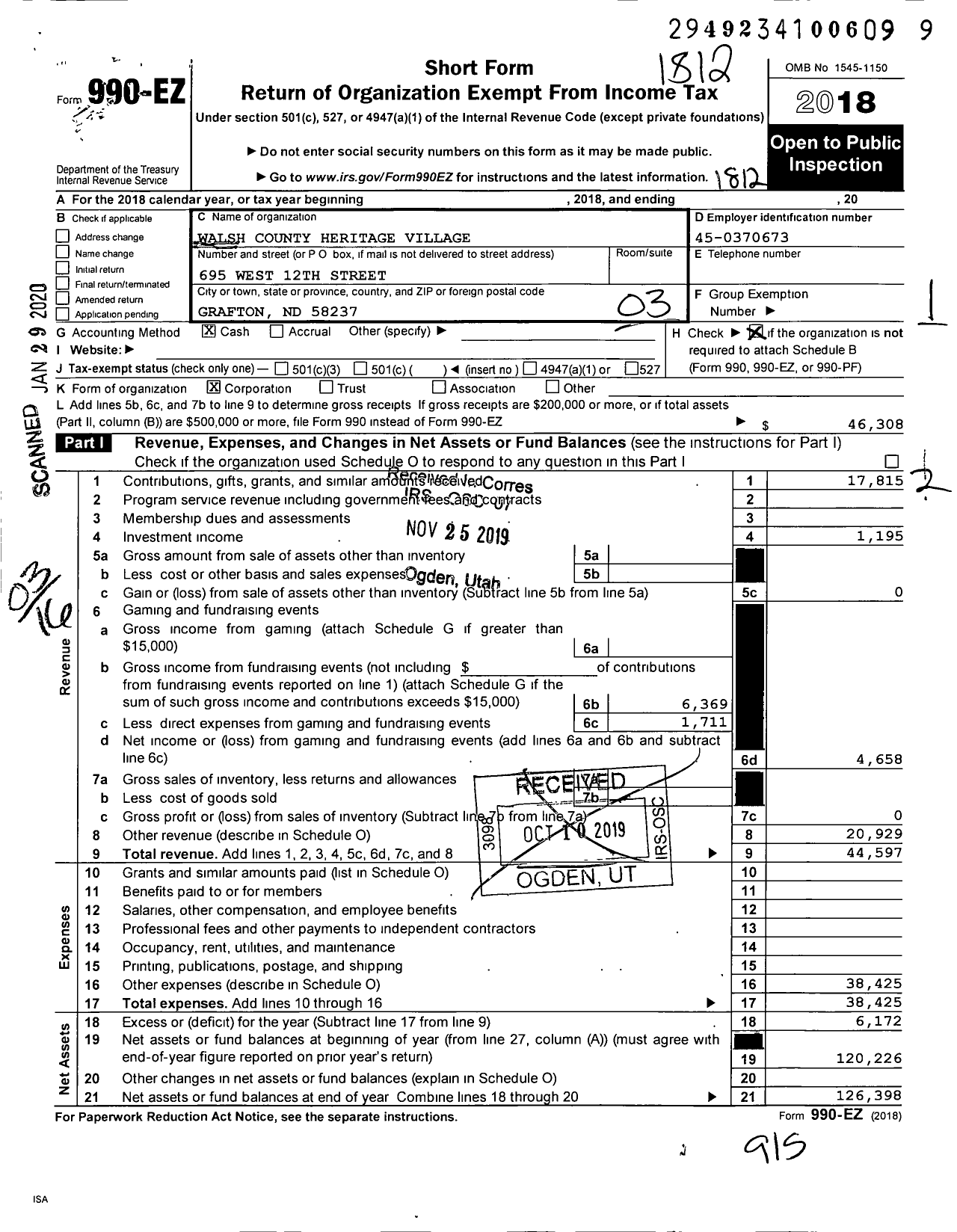 Image of first page of 2018 Form 990EZ for Walsh County Heritage Village