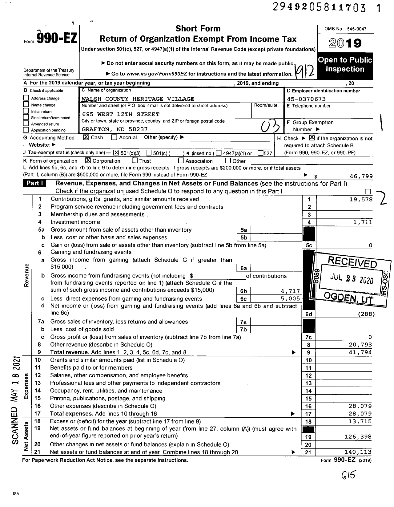 Image of first page of 2019 Form 990EZ for Walsh County Heritage Village