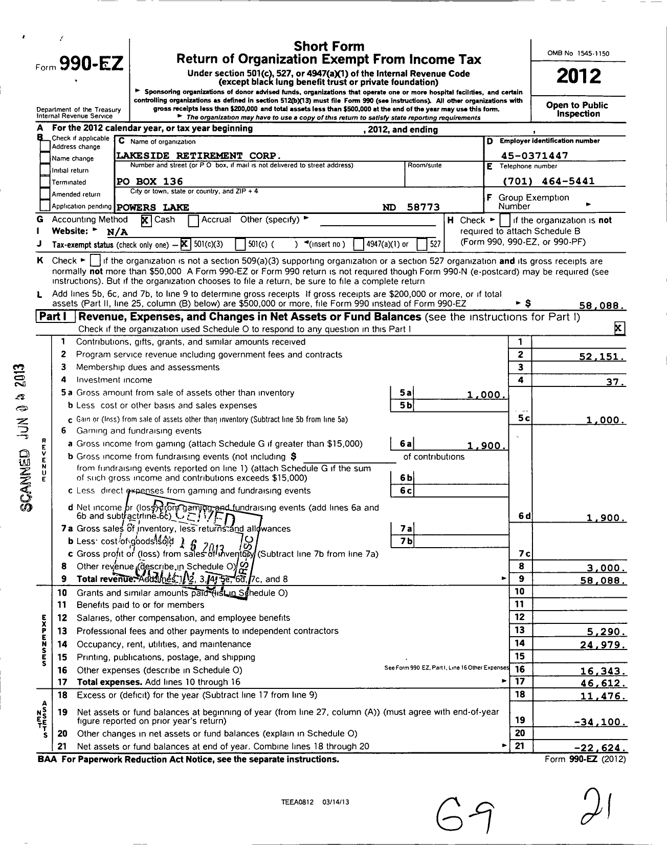 Image of first page of 2012 Form 990EZ for Lakeside Retirement Corporation