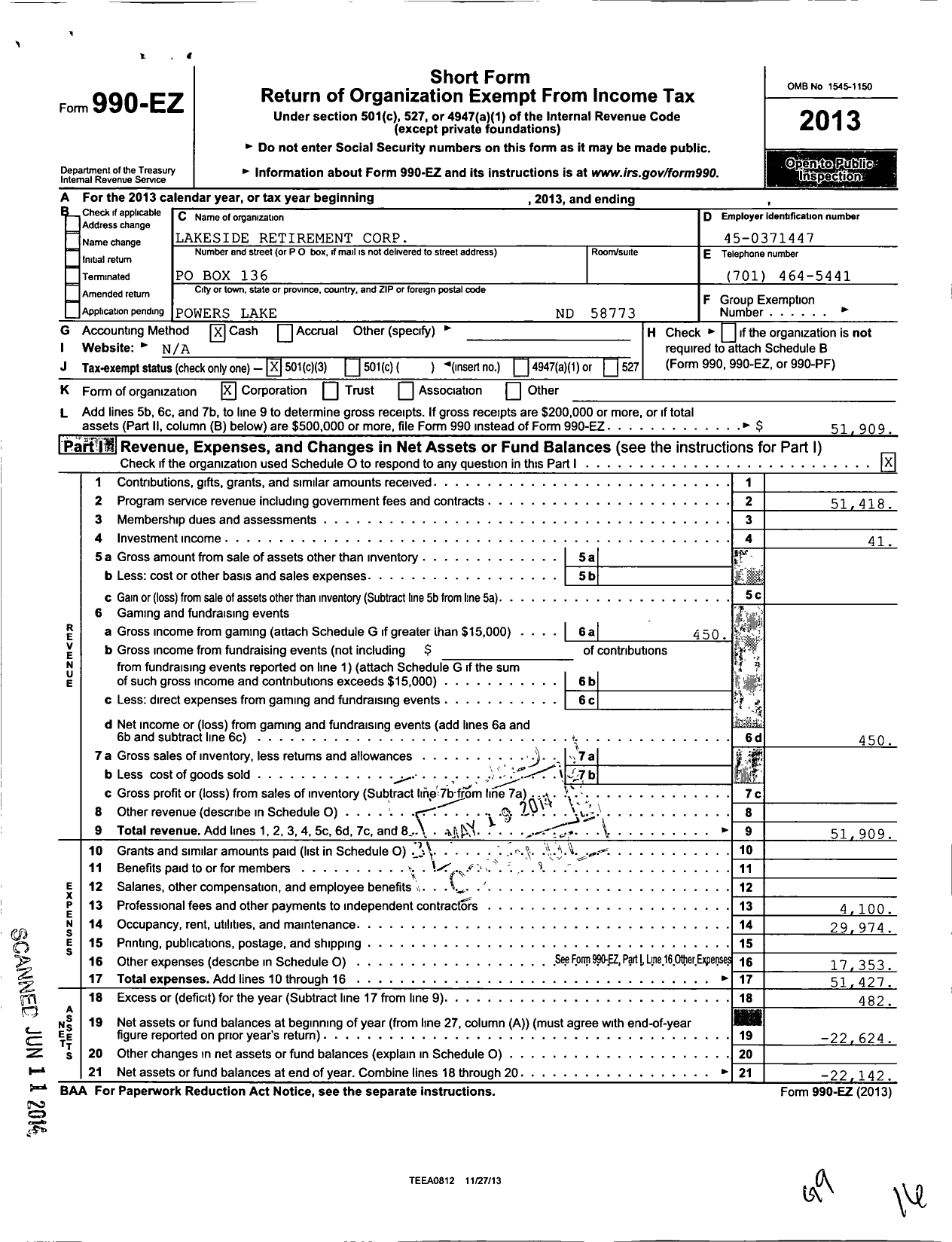 Image of first page of 2013 Form 990EZ for Lakeside Retirement Corporation