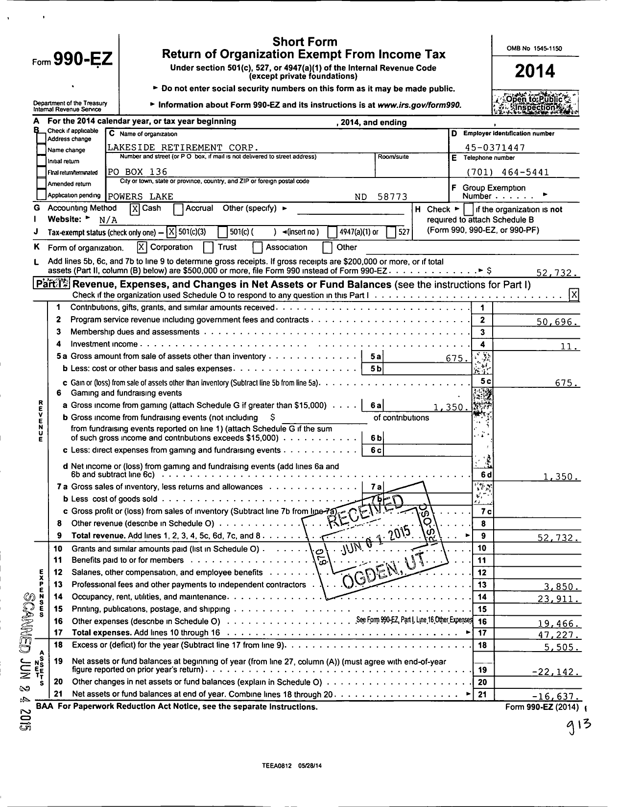 Image of first page of 2014 Form 990EZ for Lakeside Retirement Corporation