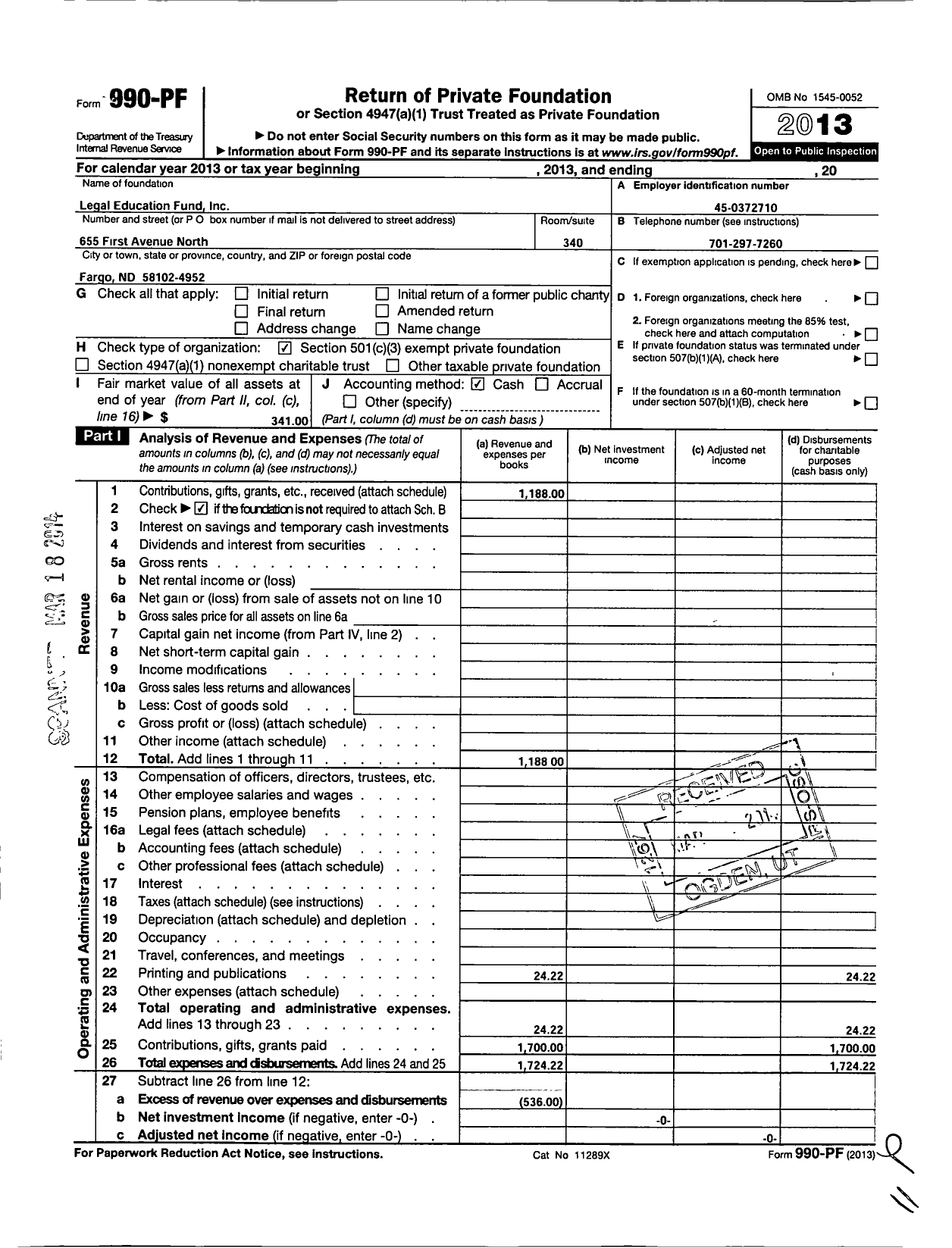 Image of first page of 2013 Form 990PF for Legal Education Fund