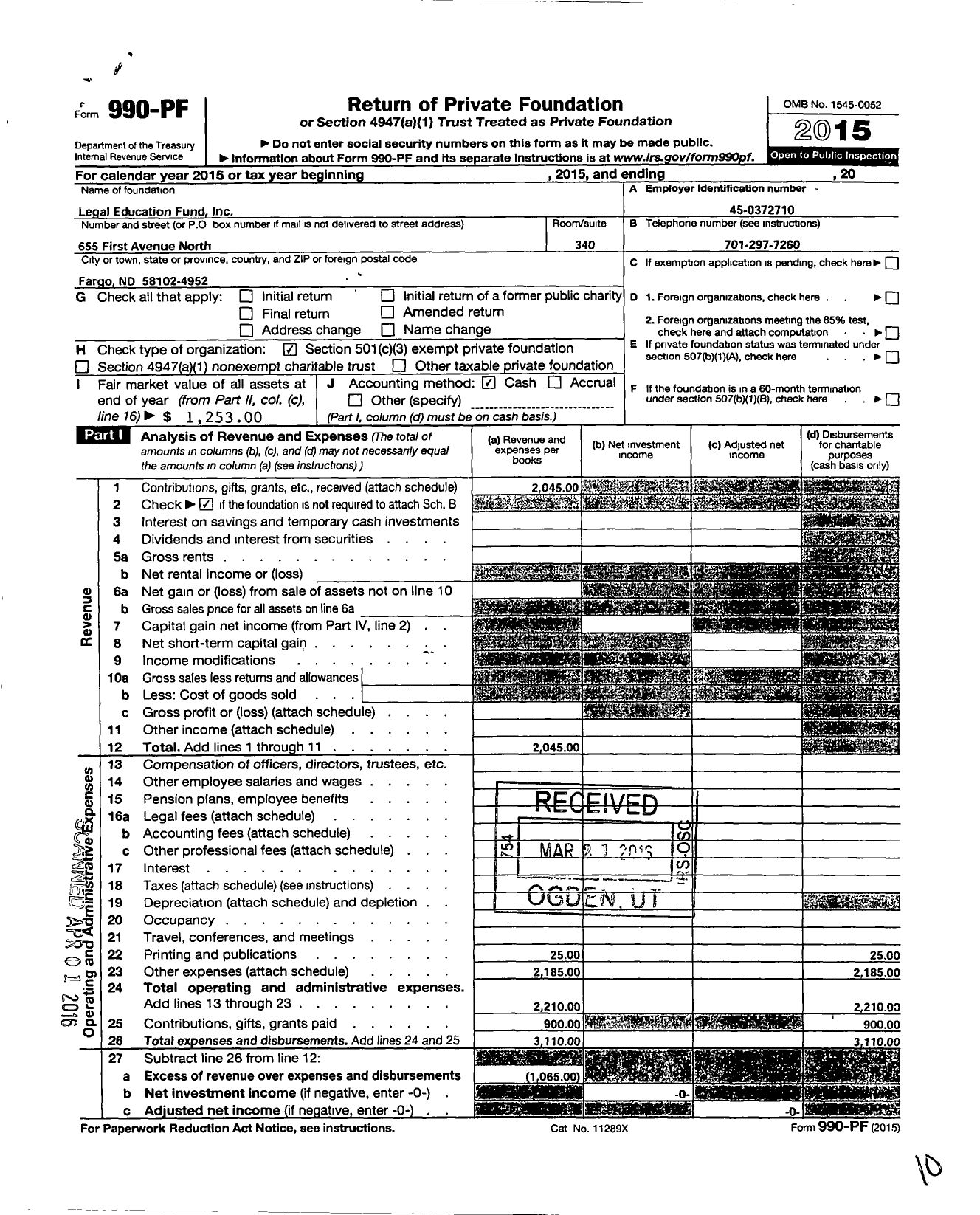 Image of first page of 2015 Form 990PF for Legal Education Fund