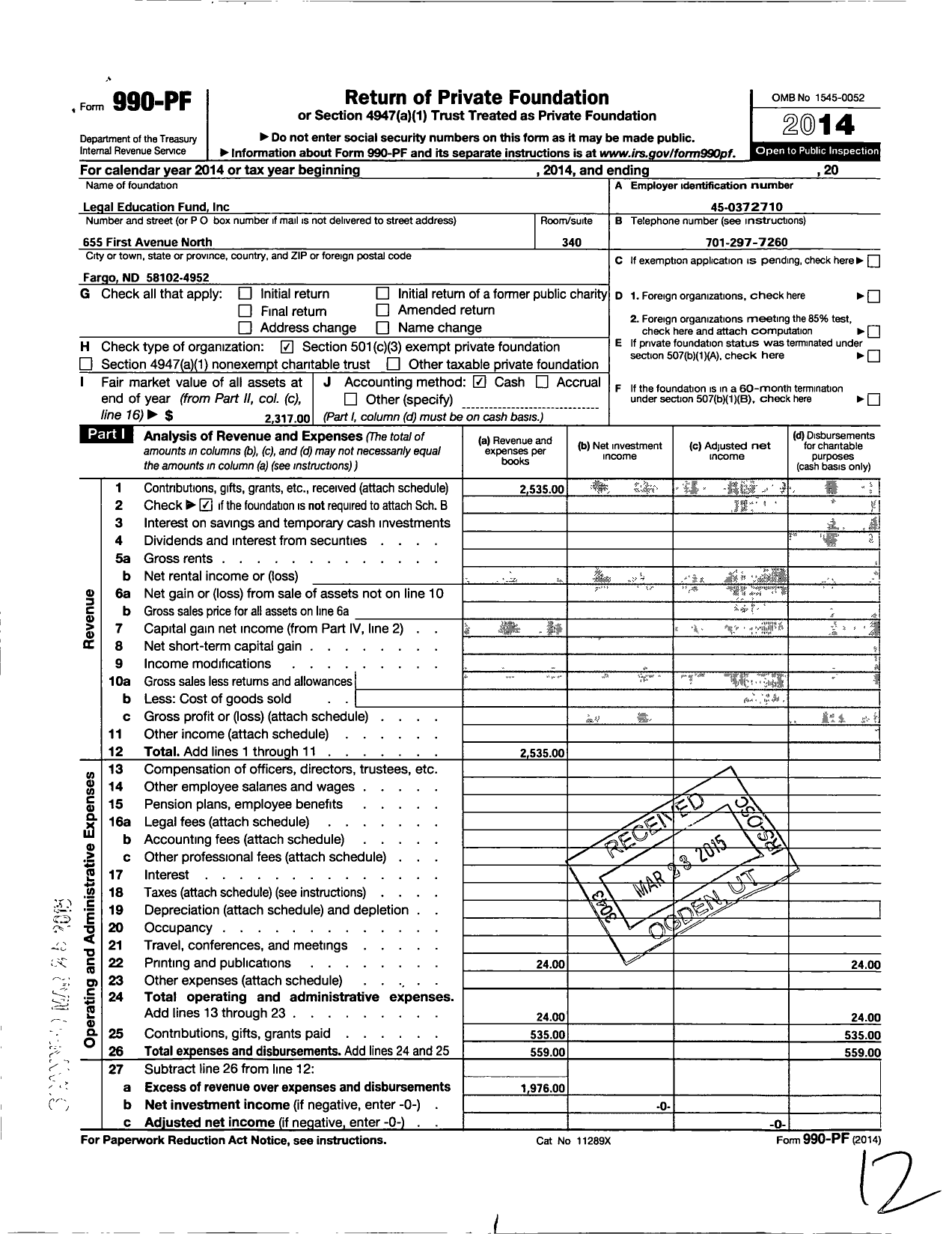 Image of first page of 2014 Form 990PF for Legal Education Fund