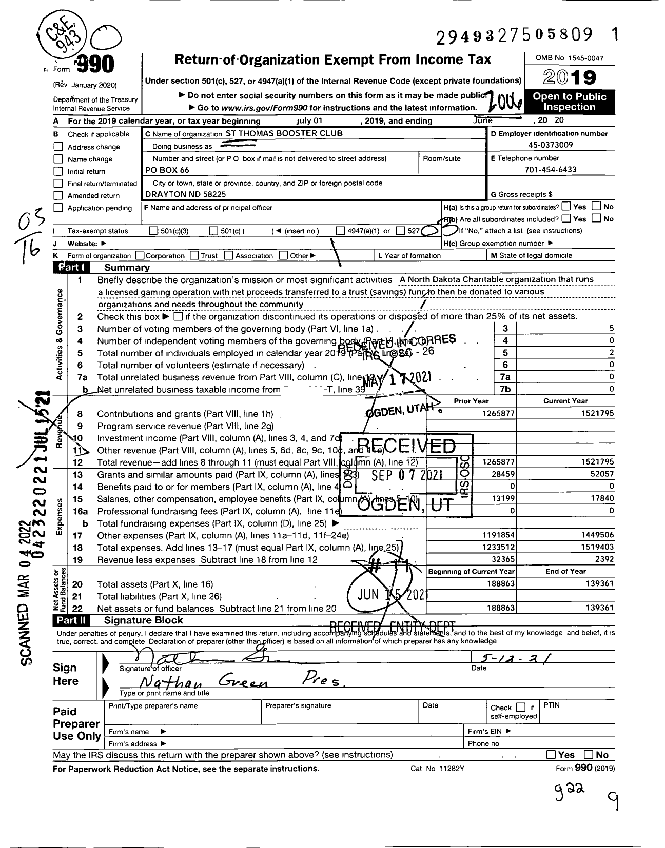 Image of first page of 2019 Form 990 for St Thomas Booster Club