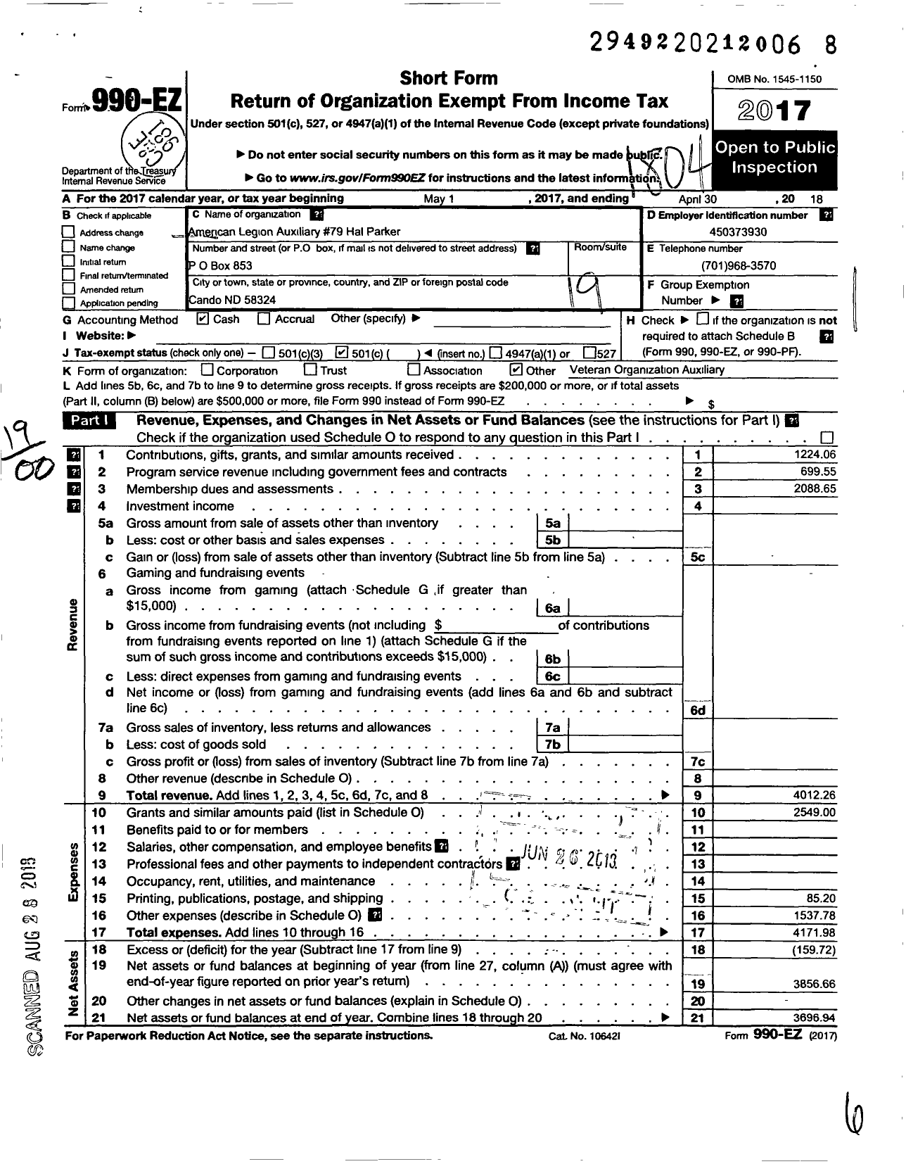 Image of first page of 2017 Form 990EO for American Legion Auxiliary Unit of Hal Parker Post No 79