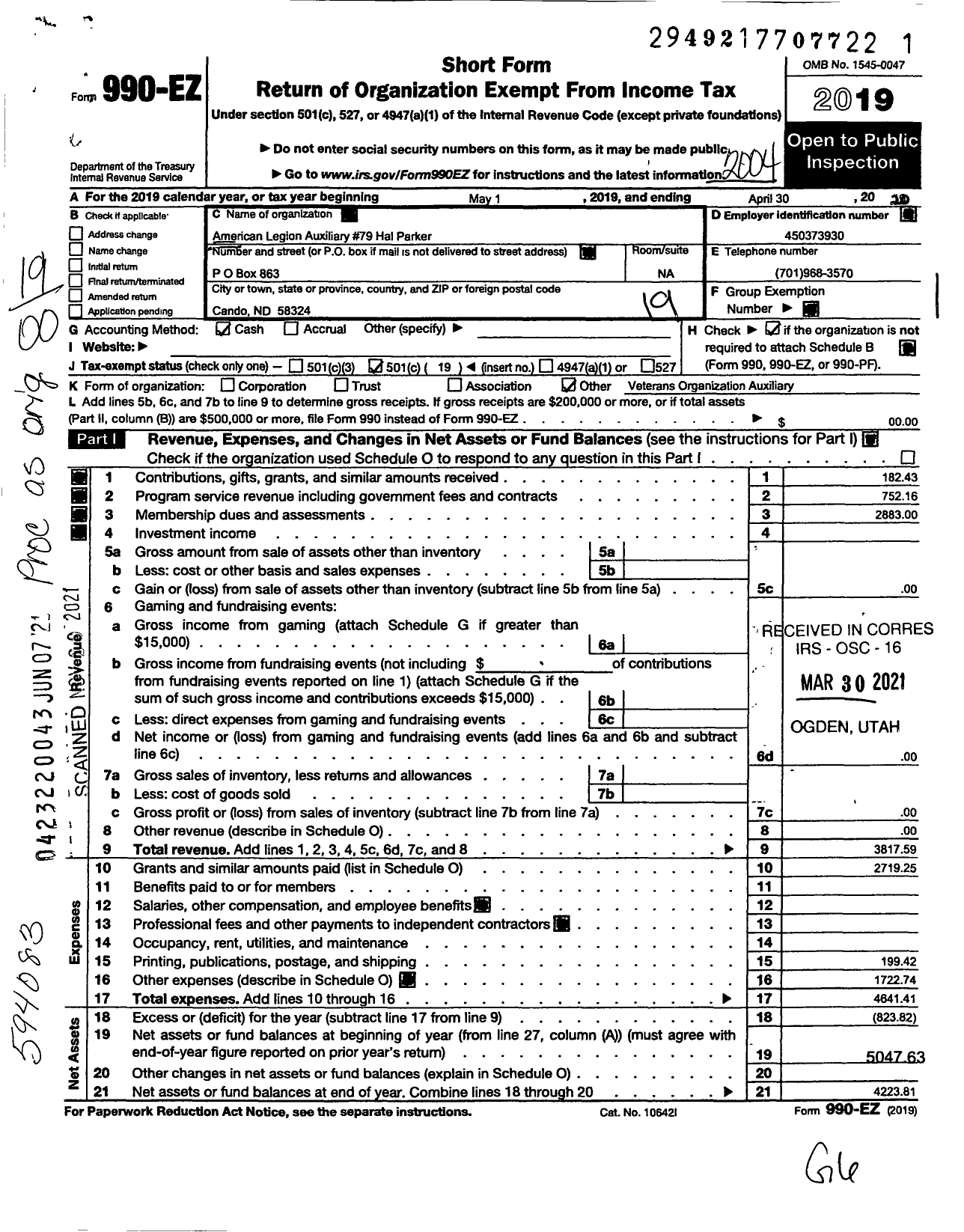 Image of first page of 2019 Form 990EO for American Legion Auxiliary Unit of Hal Parker Post No 79