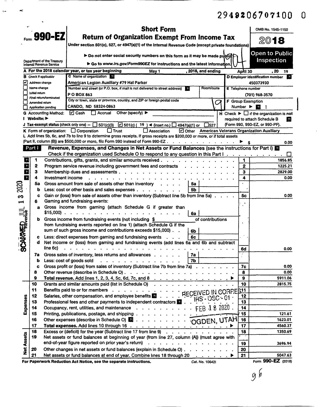 Image of first page of 2018 Form 990EO for American Legion Auxiliary Unit of Hal Parker Post No 79