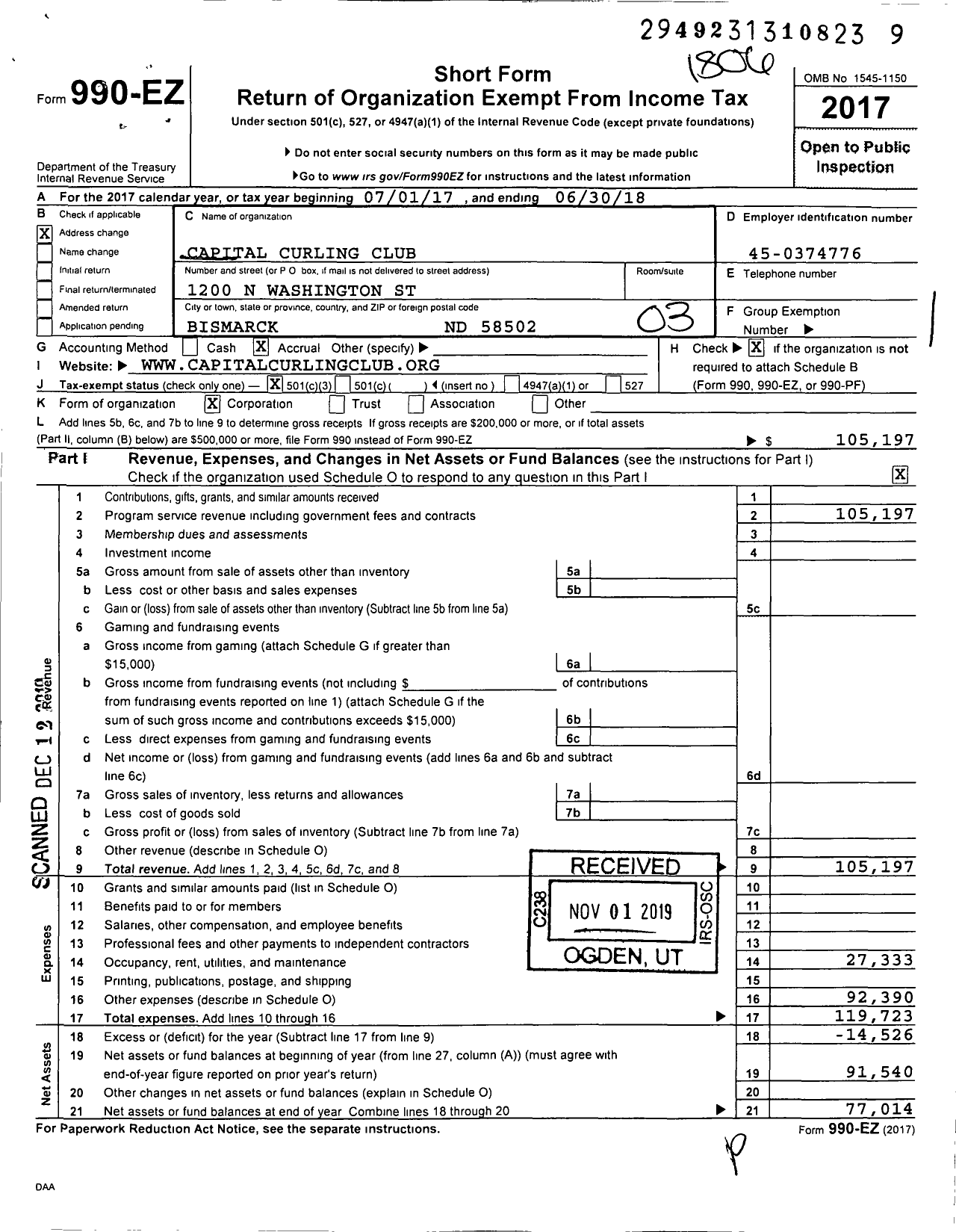 Image of first page of 2017 Form 990EZ for Capital Curling Club