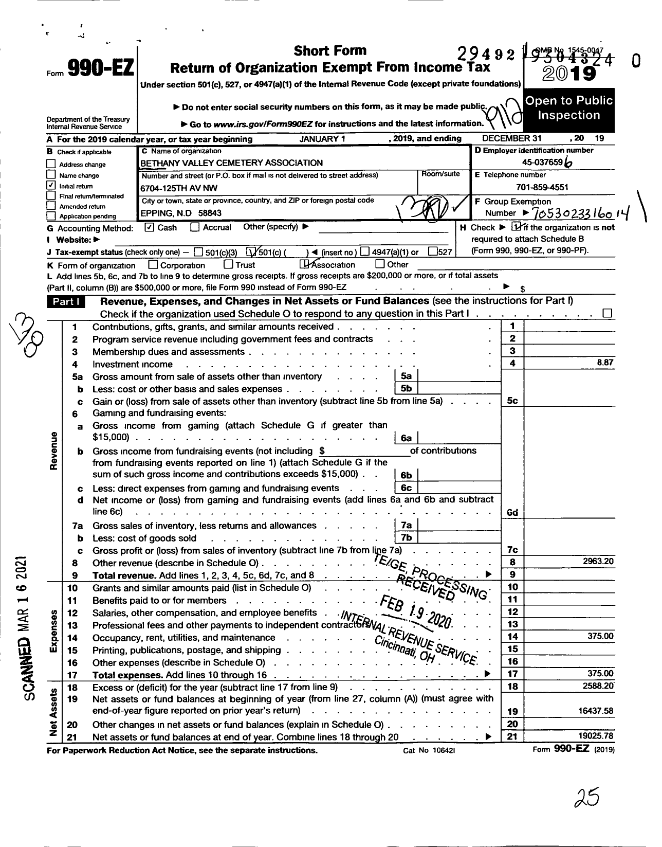 Image of first page of 2019 Form 990EO for Bethany Valley Cemetery Association