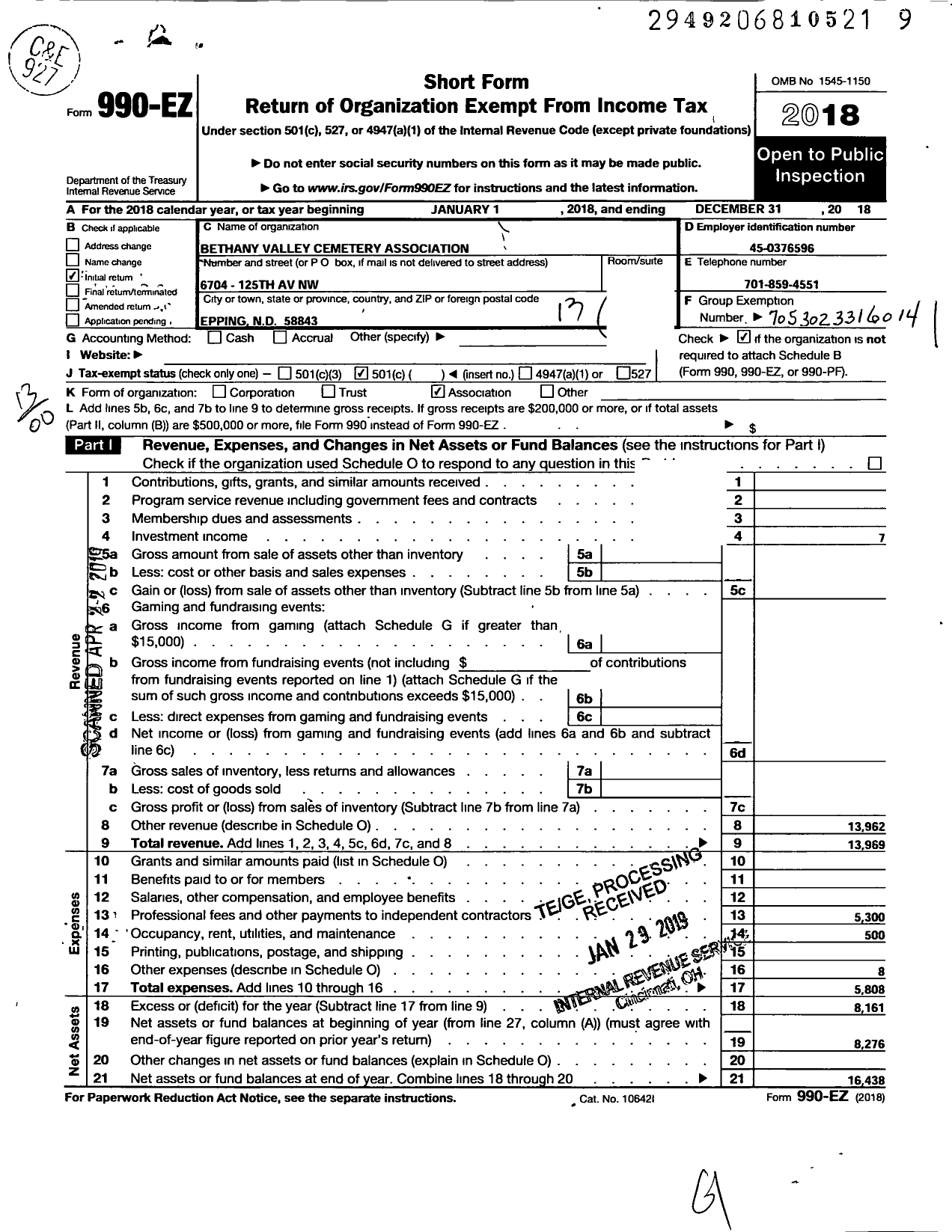 Image of first page of 2018 Form 990EO for Bethany Valley Cemetery Association