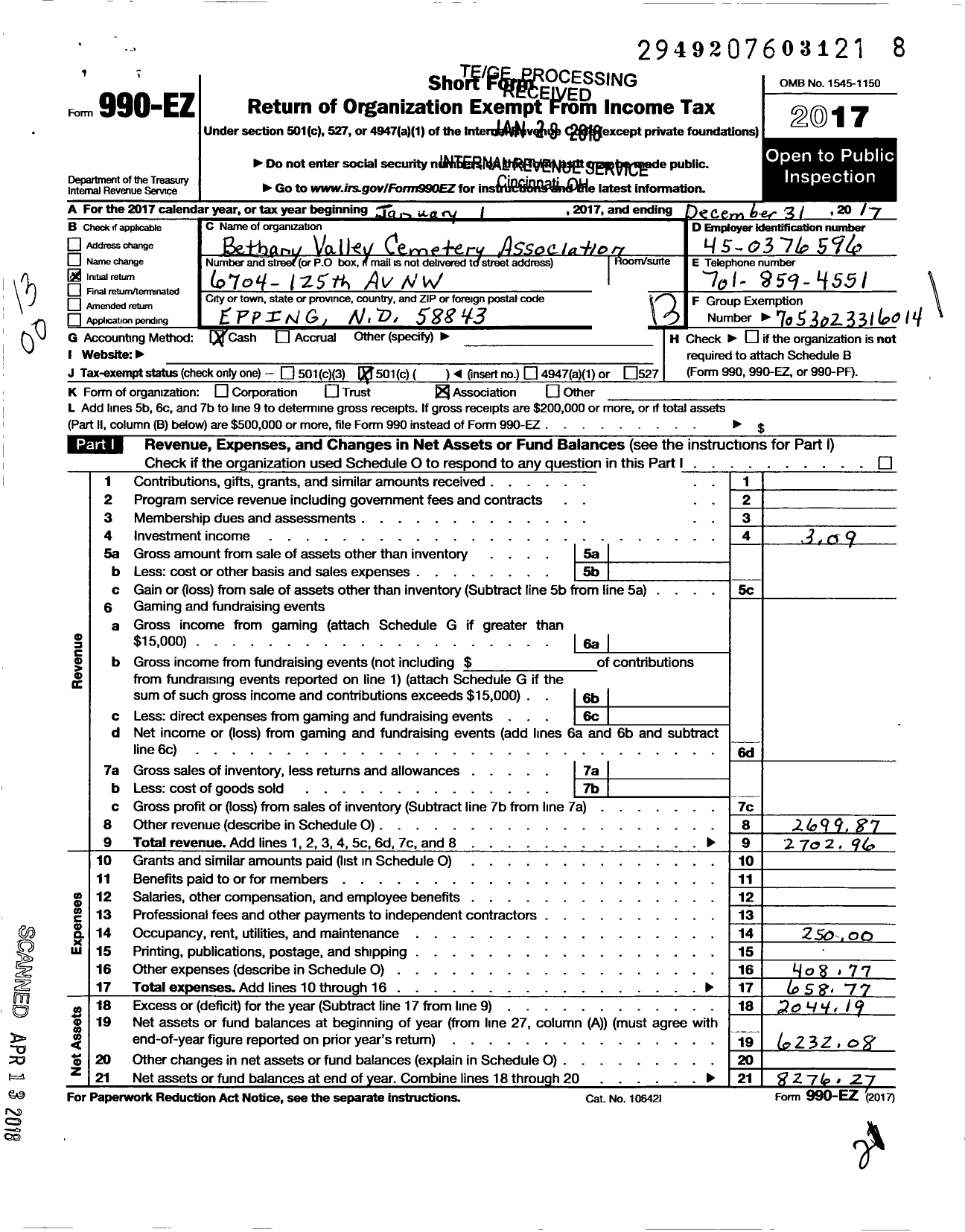 Image of first page of 2017 Form 990EO for Bethany Valley Cemetery Association