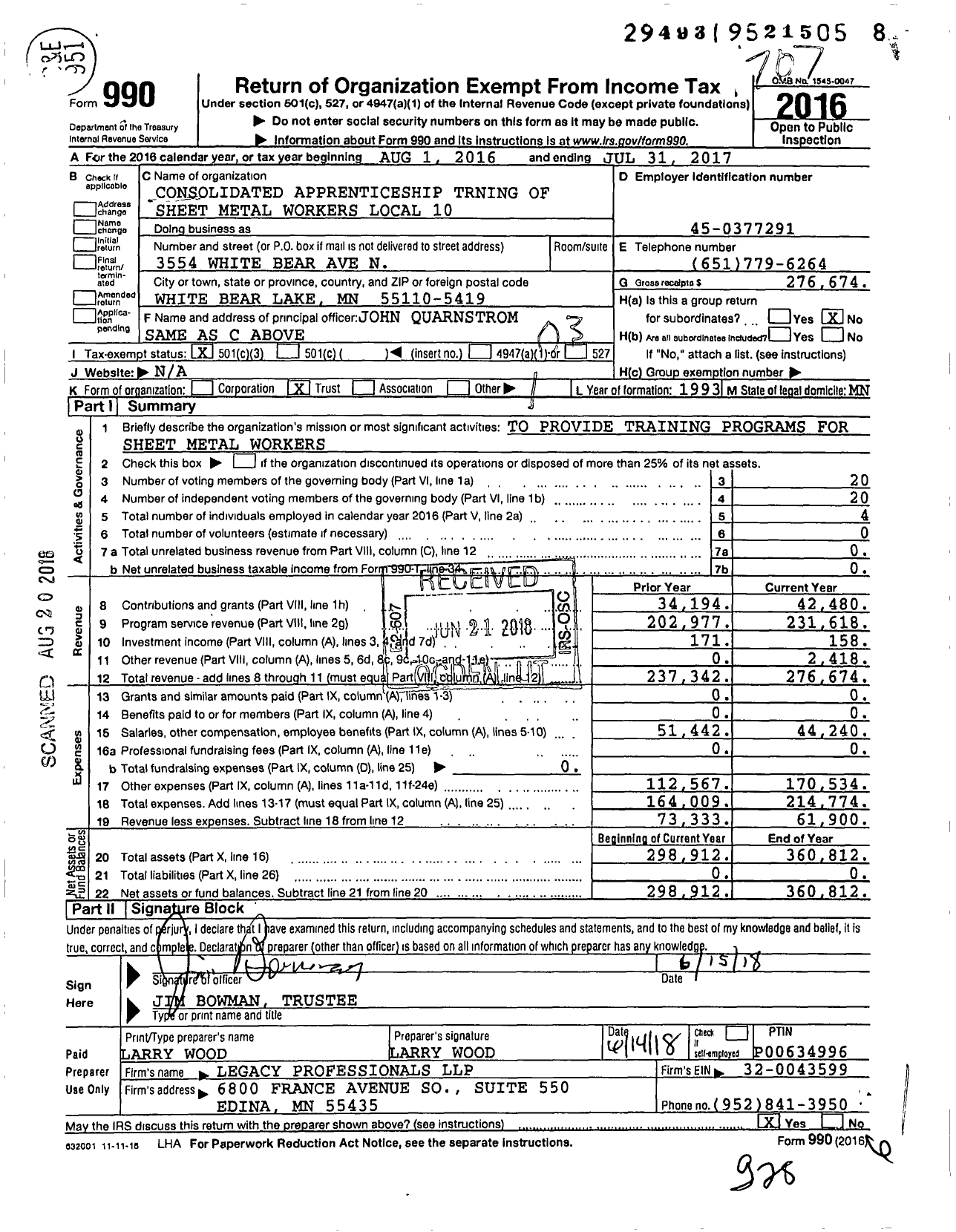 Image of first page of 2016 Form 990 for Consolidated Apprenticeship Trning of Sheet Metal Workers Local 10