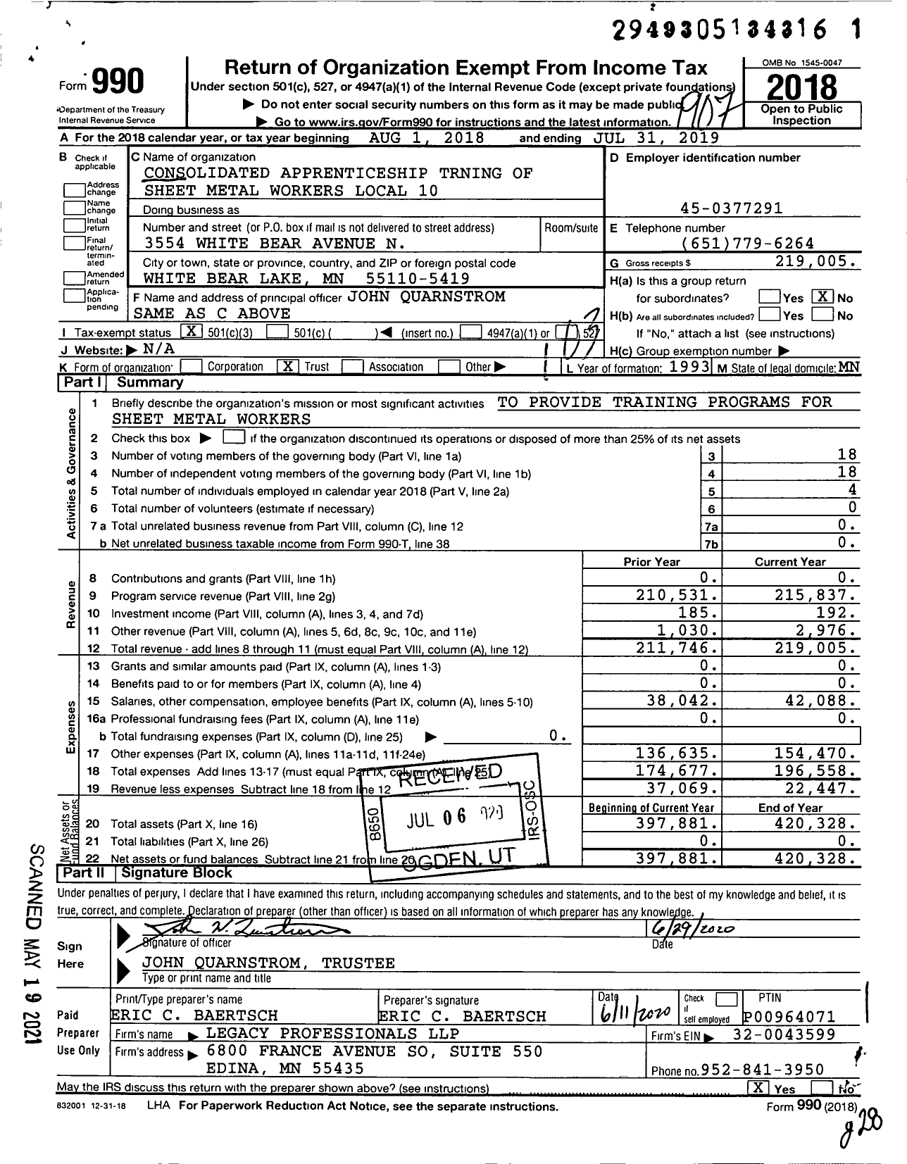 Image of first page of 2018 Form 990 for Consolidated Apprenticeship Trning of Sheet Metal Workers Local 10