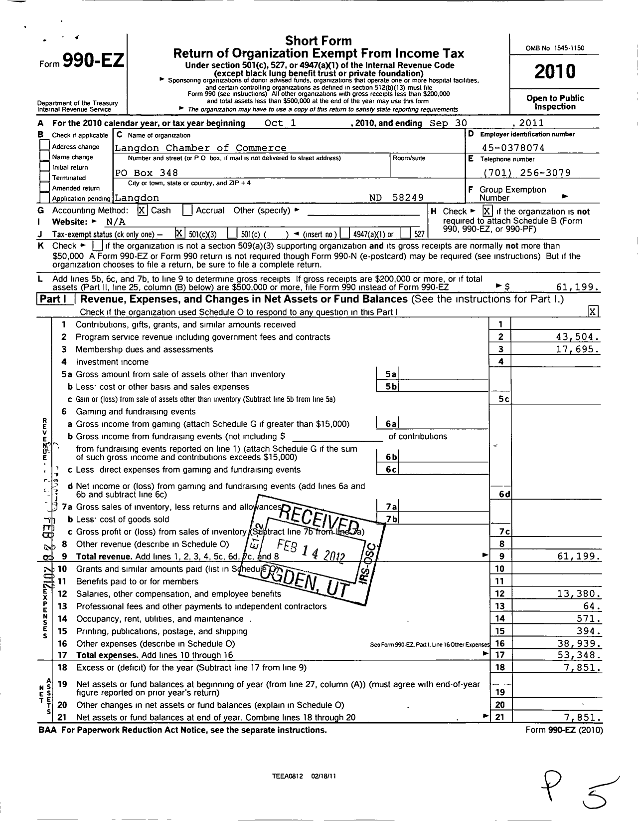 Image of first page of 2010 Form 990EZ for Langdon Chamber of Commerce