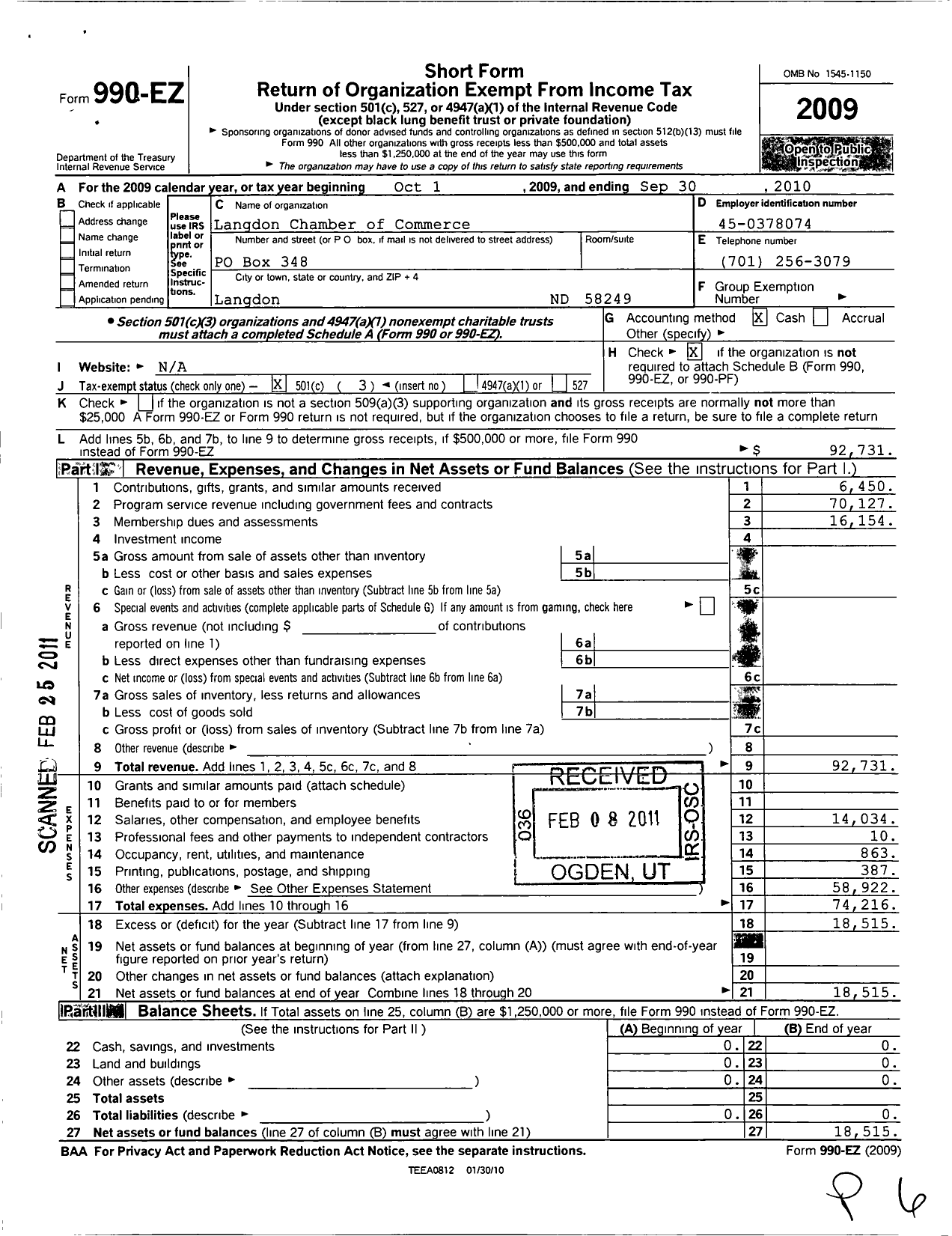 Image of first page of 2009 Form 990EZ for Langdon Chamber of Commerce