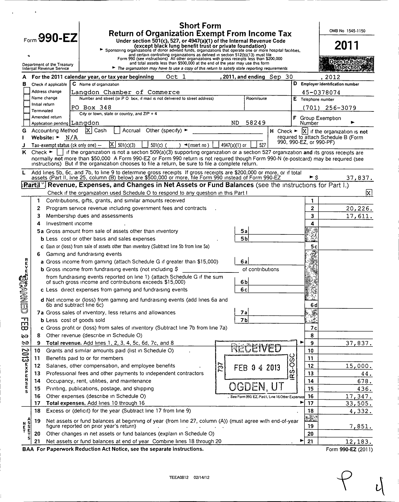 Image of first page of 2011 Form 990EZ for Langdon Chamber of Commerce