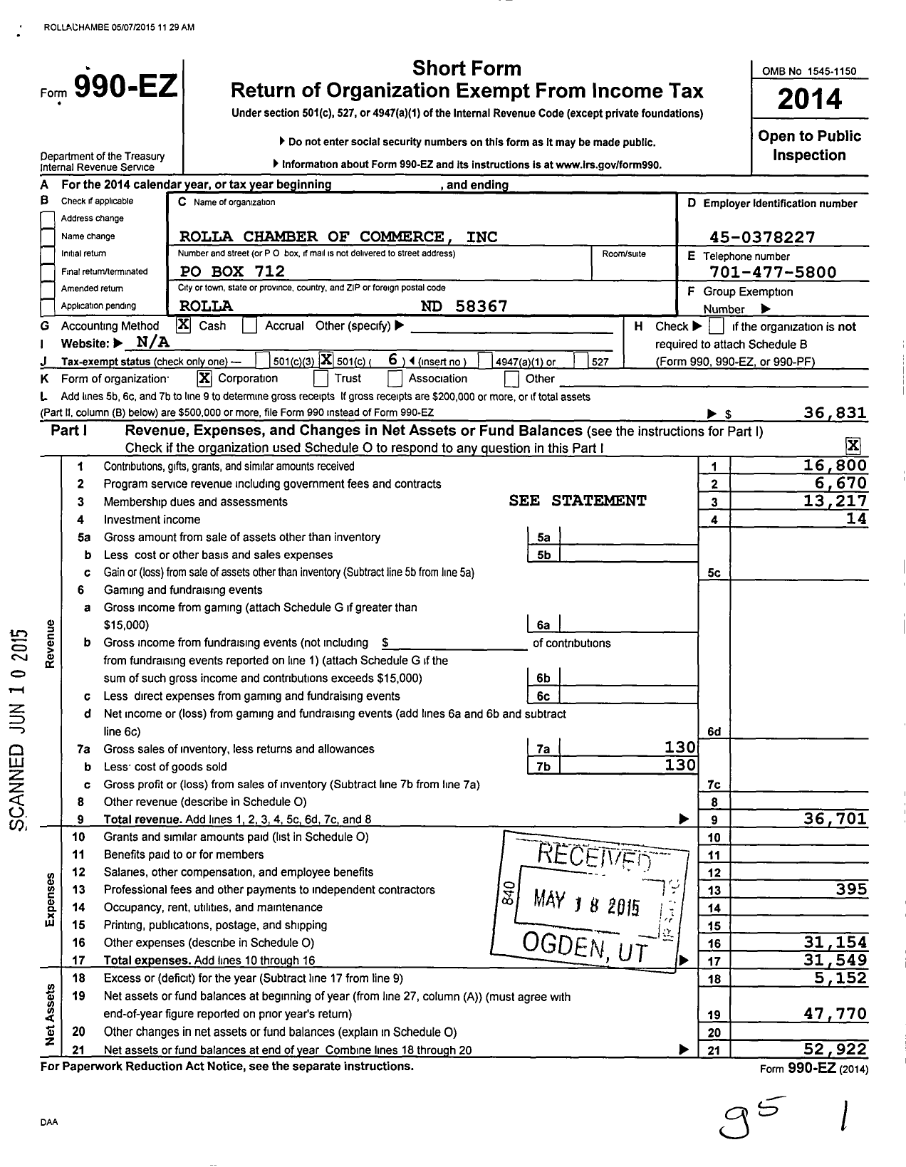 Image of first page of 2014 Form 990EO for Rolla Chamber of Commerce