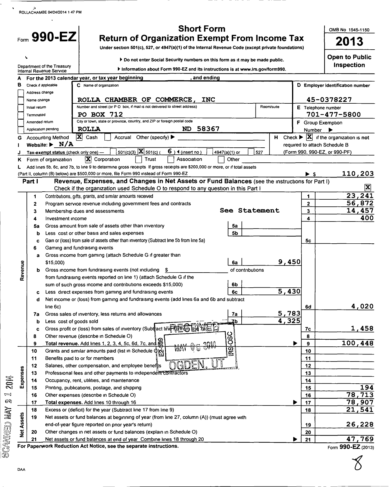 Image of first page of 2013 Form 990EO for Rolla Chamber of Commerce