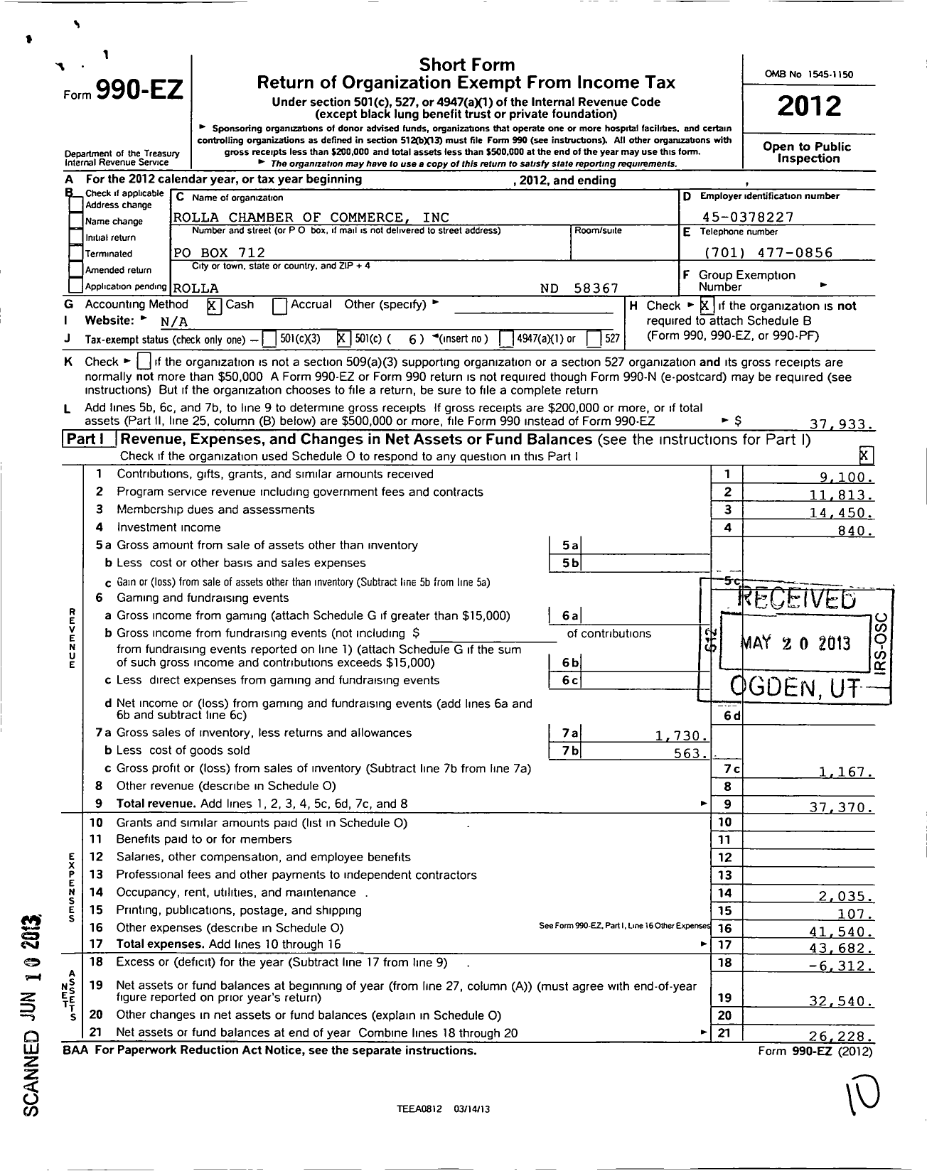 Image of first page of 2012 Form 990EO for Rolla Chamber of Commerce