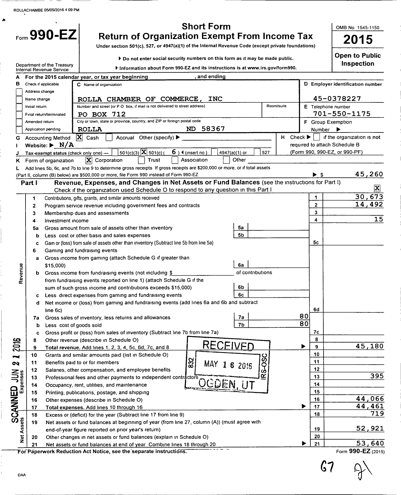 Image of first page of 2015 Form 990EO for Rolla Chamber of Commerce