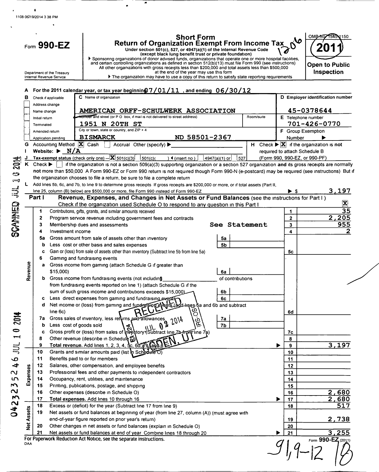 Image of first page of 2011 Form 990EZ for American Orff-Schulwerk Association / Prairie Winds Orff