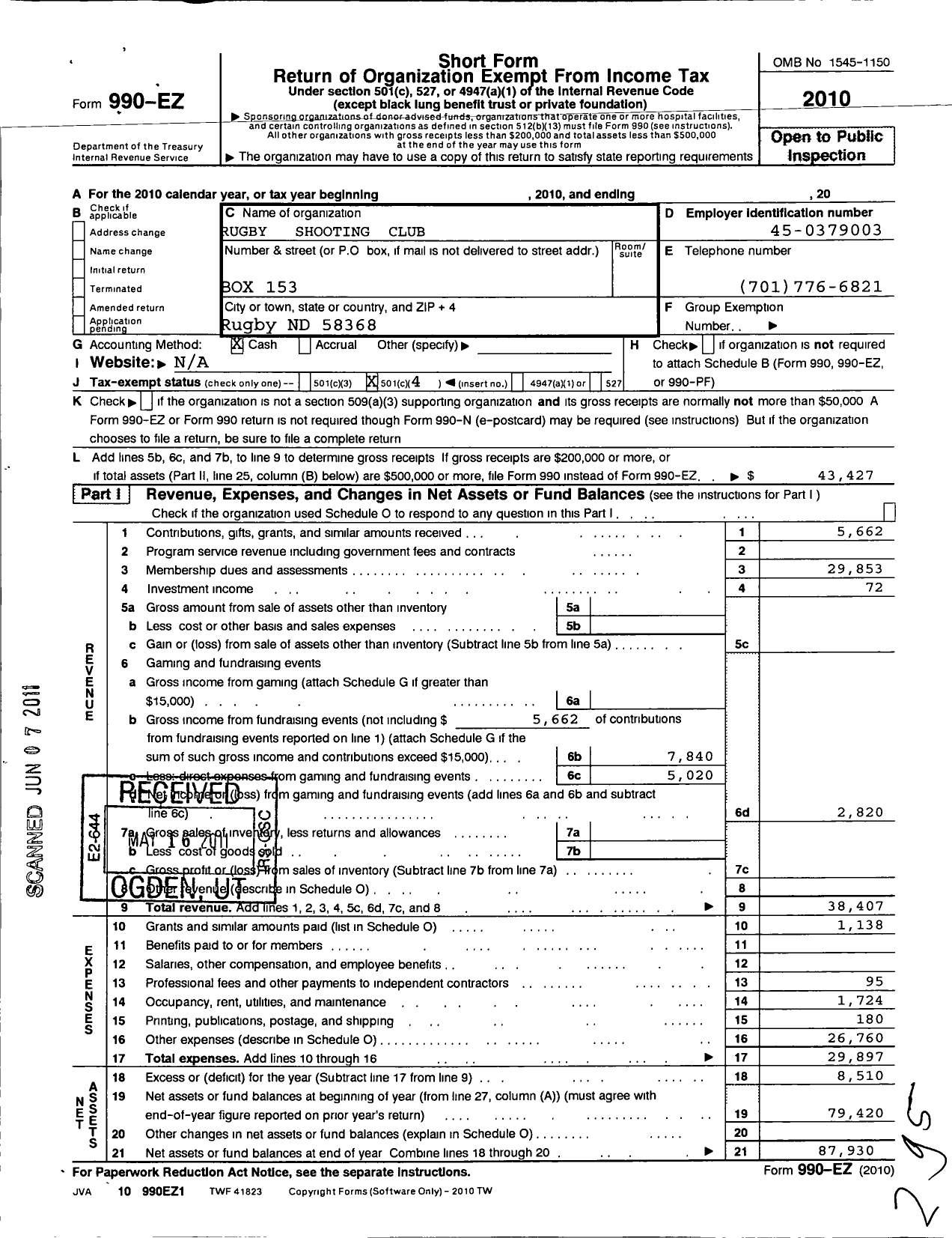 Image of first page of 2010 Form 990EO for Rugby Shooting Club