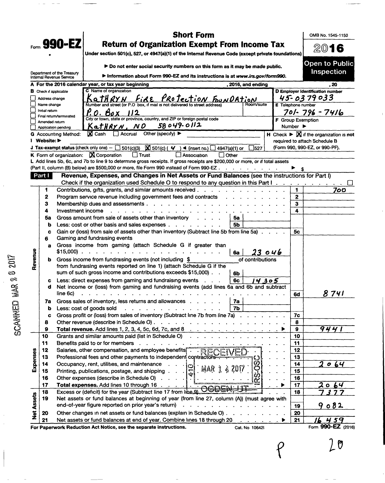 Image of first page of 2016 Form 990EO for Kathryn Fire Protection Foundation