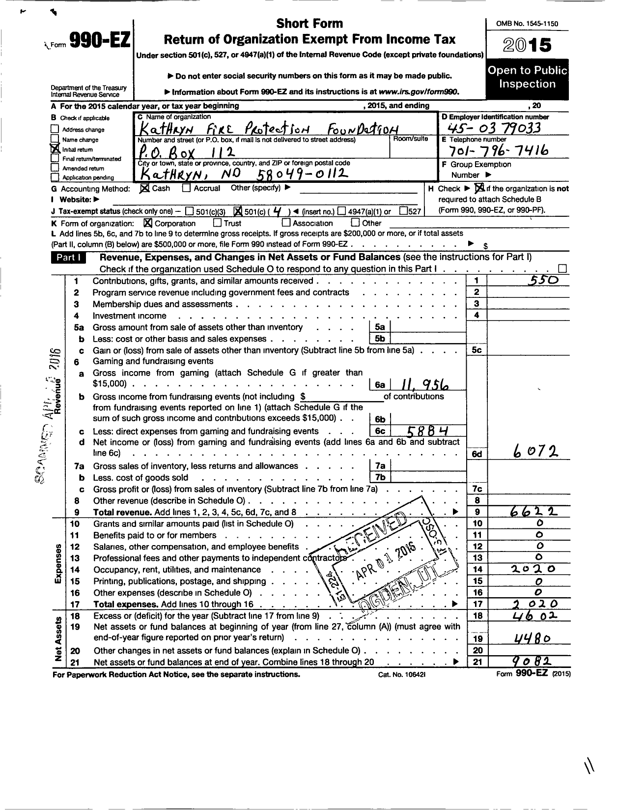 Image of first page of 2015 Form 990EO for Kathryn Fire Protection Foundation