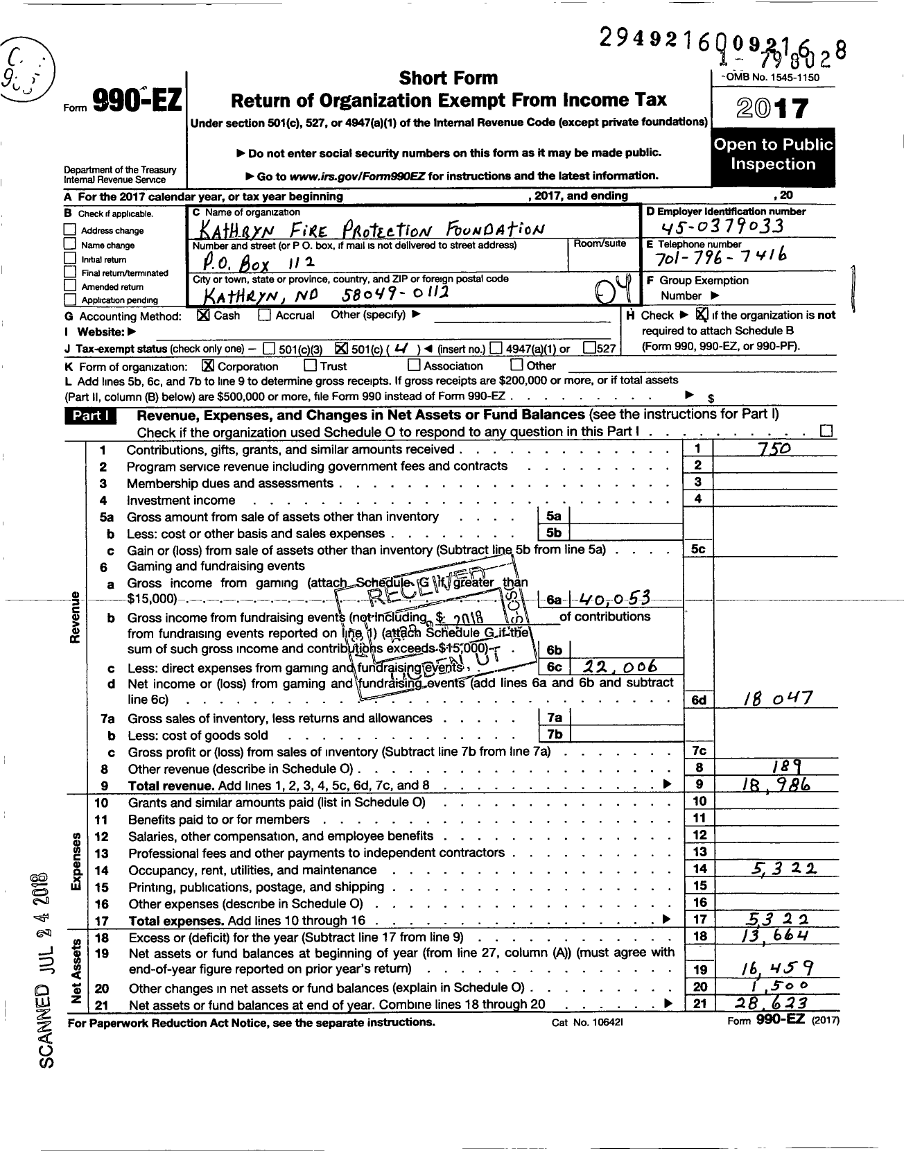 Image of first page of 2017 Form 990EO for Kathryn Fire Protection Foundation