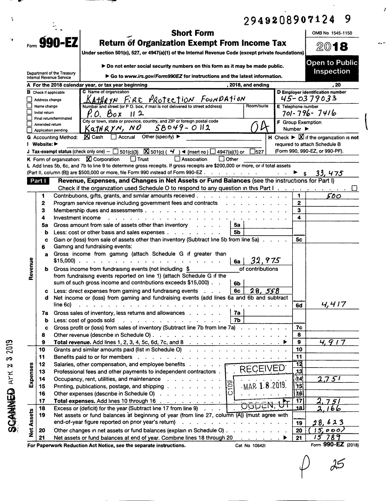 Image of first page of 2018 Form 990EO for Kathryn Fire Protection Foundation