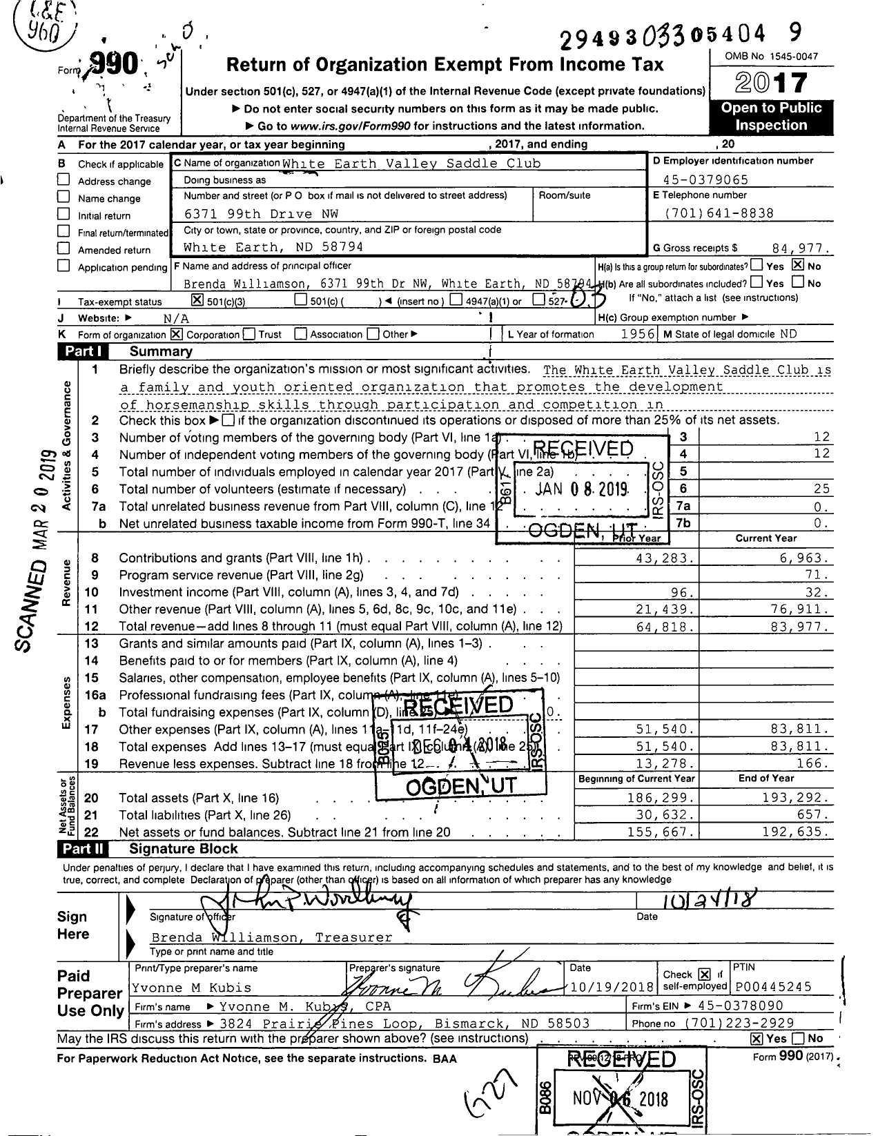 Image of first page of 2017 Form 990 for White Earth Valley Saddle Club