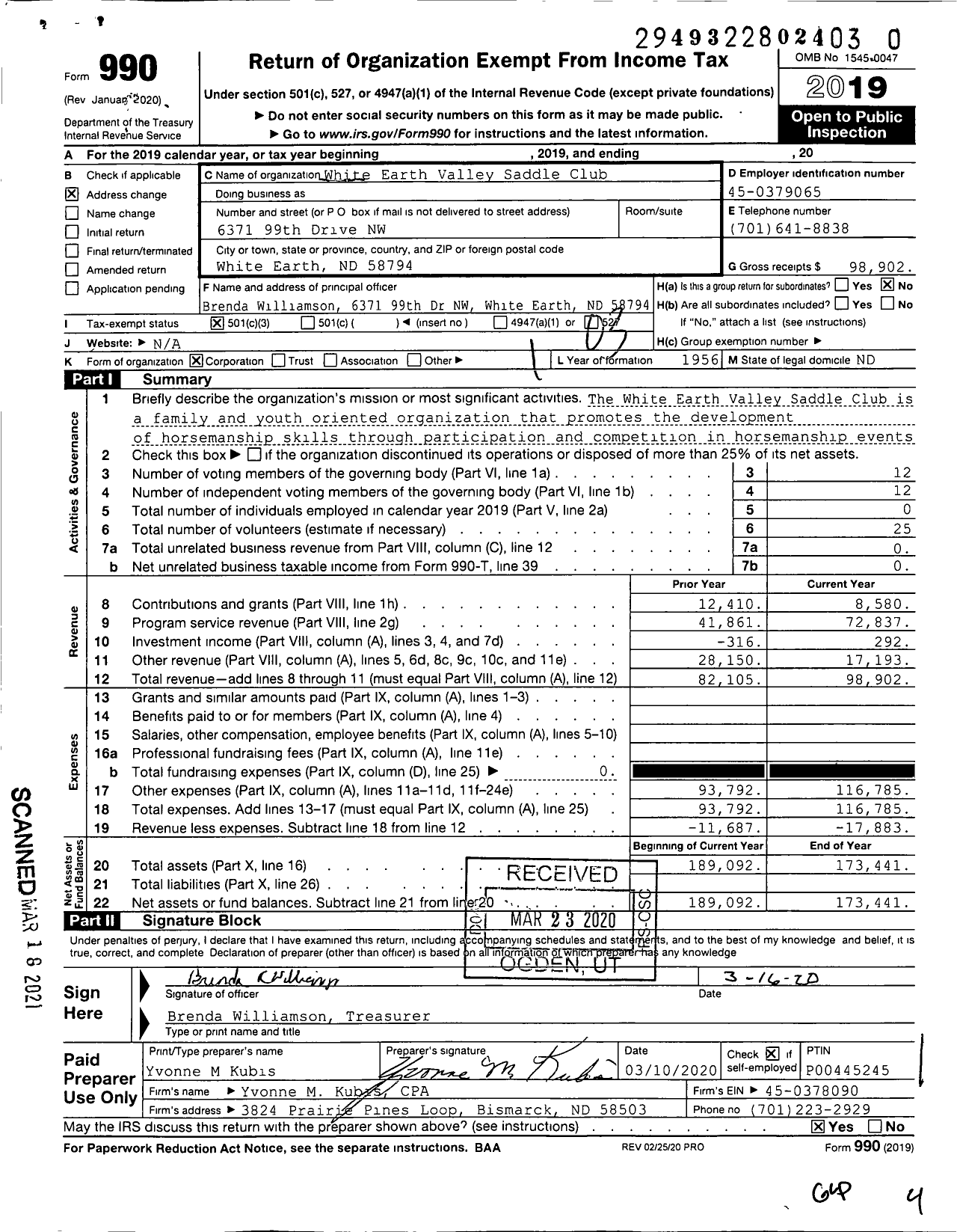 Image of first page of 2019 Form 990 for White Earth Valley Saddle Club